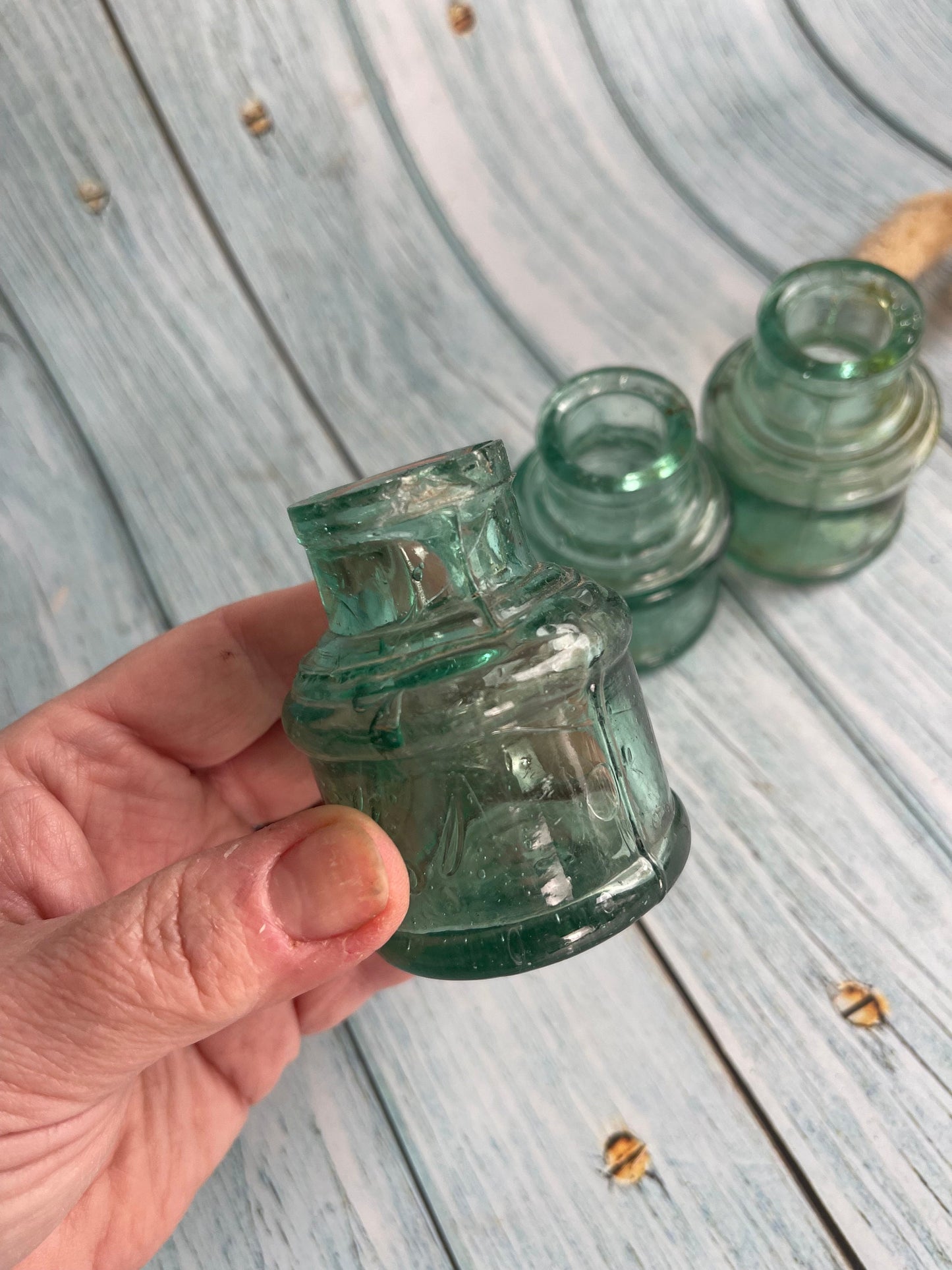 Three Antique Green Glass Ink Bottles