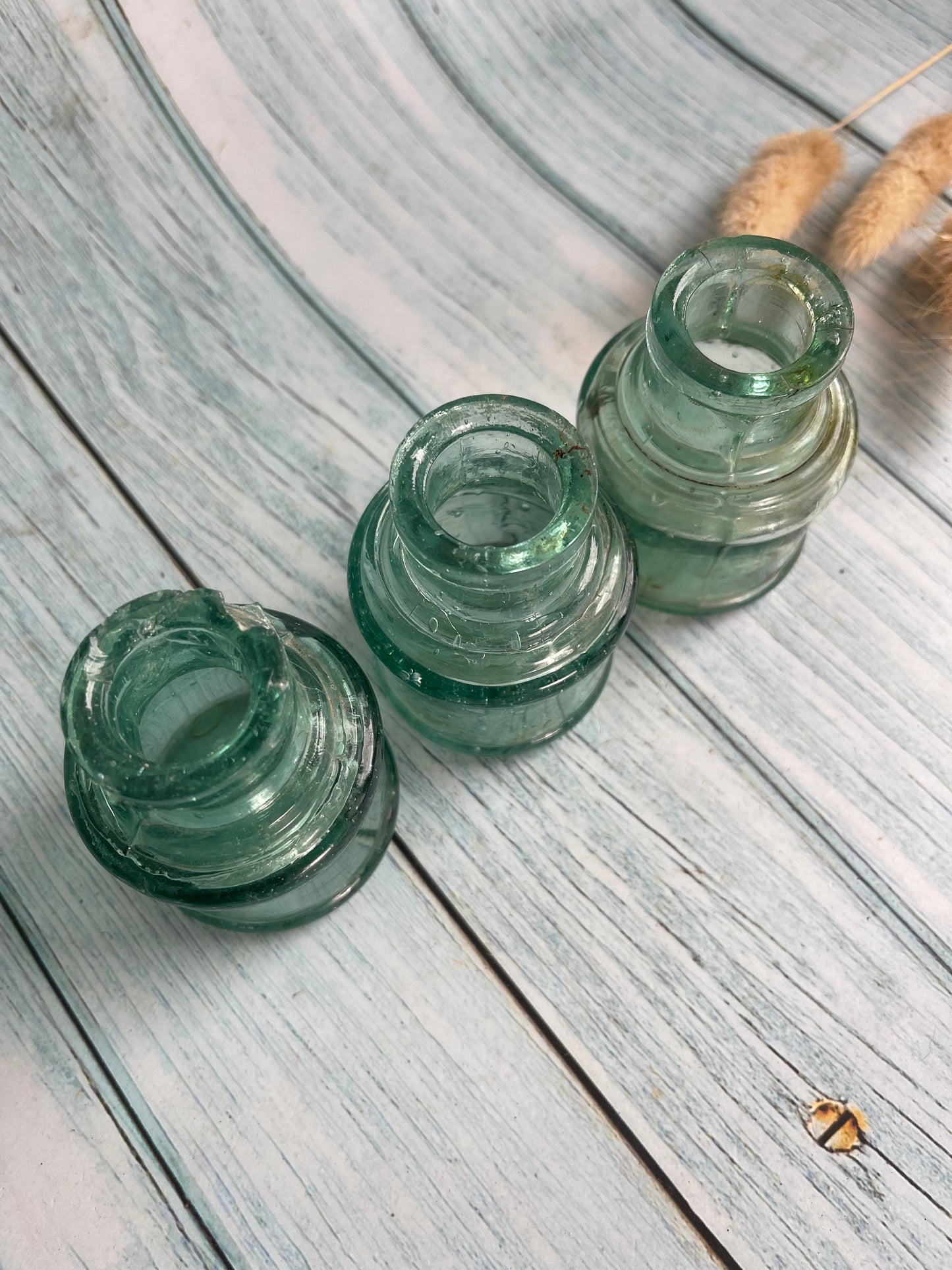 Three Antique Green Glass Ink Bottles