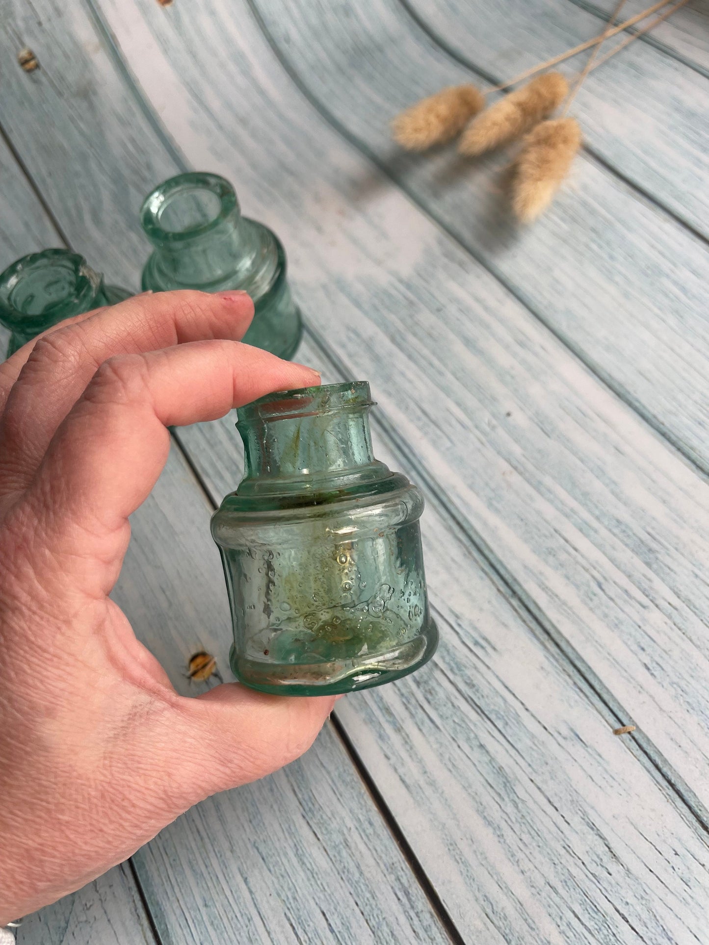 Three Antique Green Glass Ink Bottles