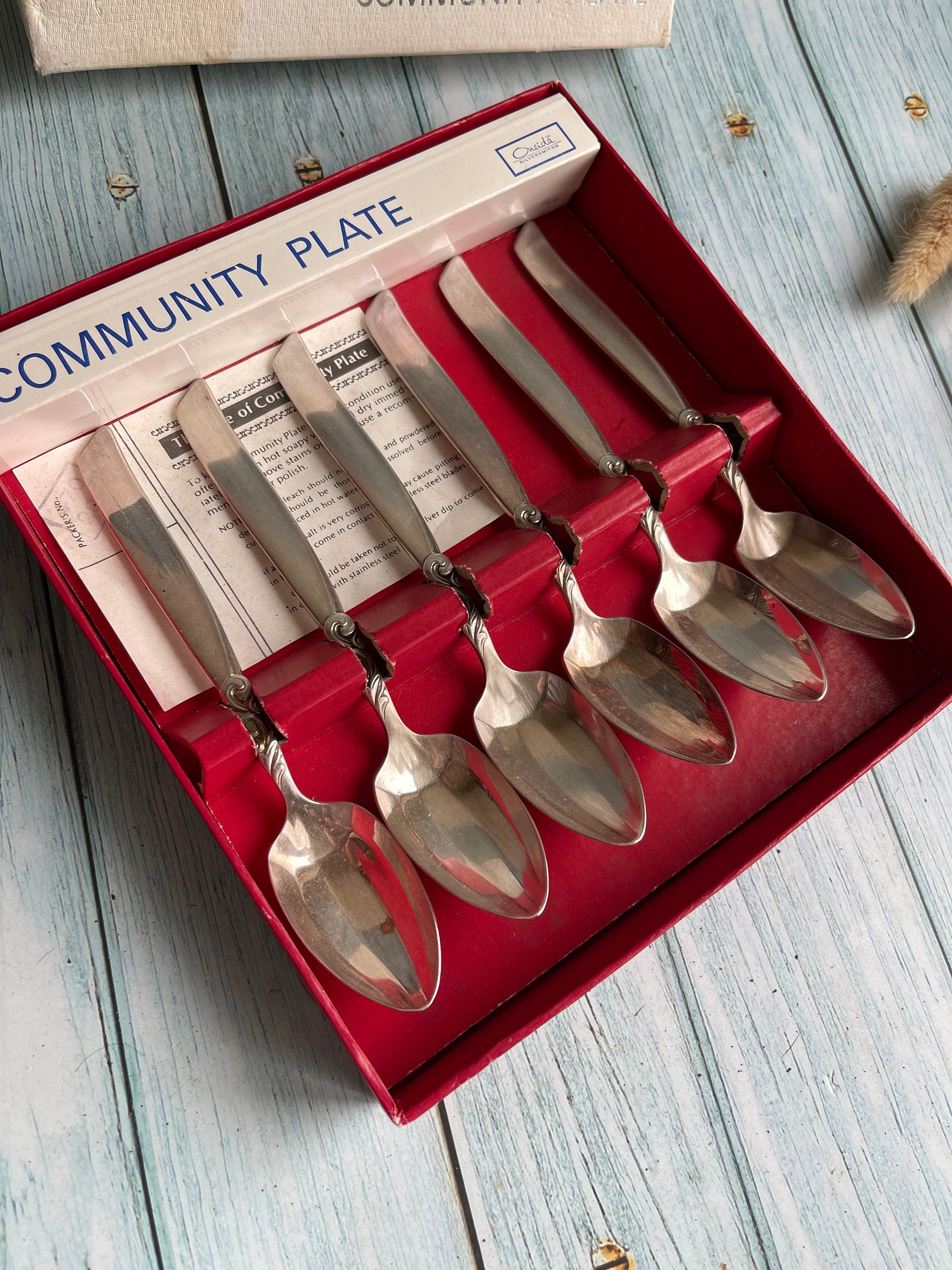 Vintage Oneida Community Plate Boxed Set of Six Silver Plated Grapefruit Spoons in the South Seas Pattern