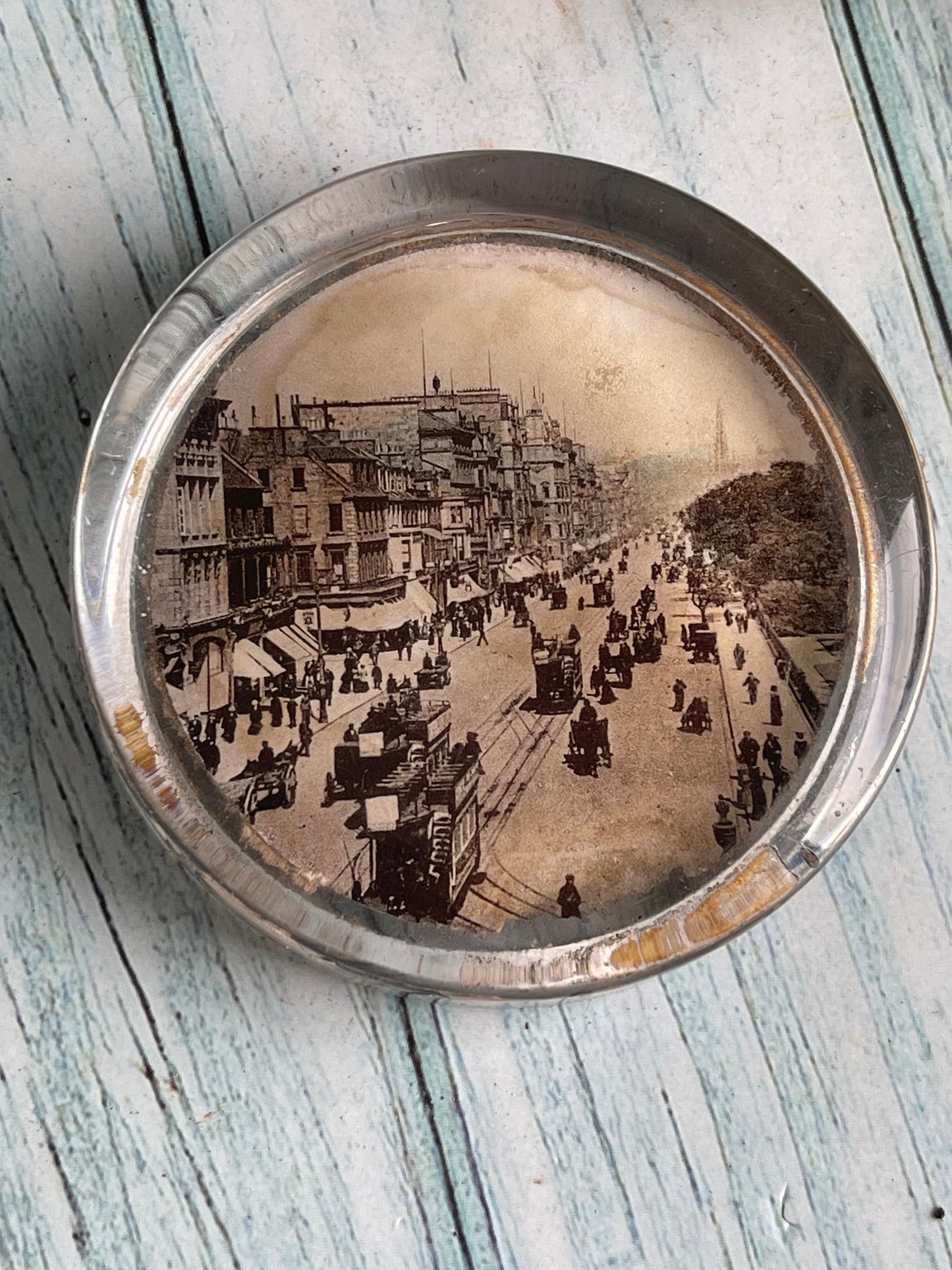 Antique Street Scene Photograph Round Clear Glass Paperweight, Flat Top