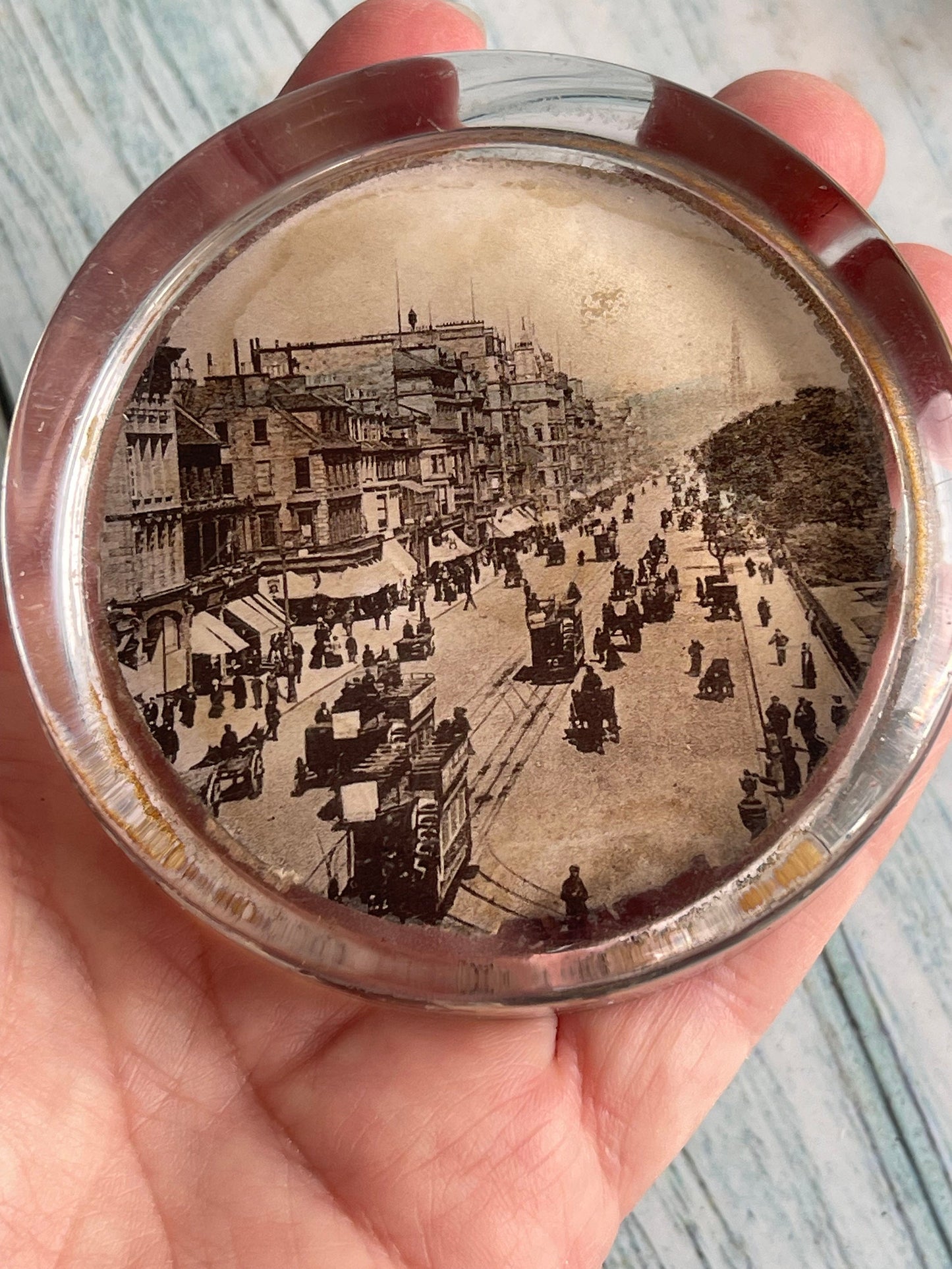 Antique Street Scene Photograph Round Clear Glass Paperweight, Flat Top