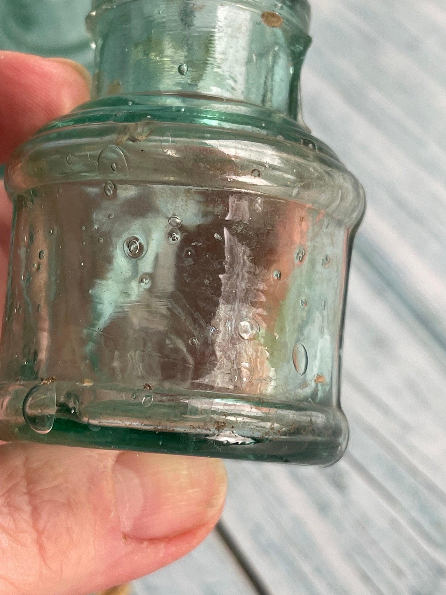 Three Antique Green Glass Ink Bottles