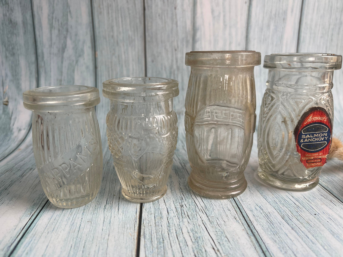 Set of Four Vintage Meat Paste Glass Jars