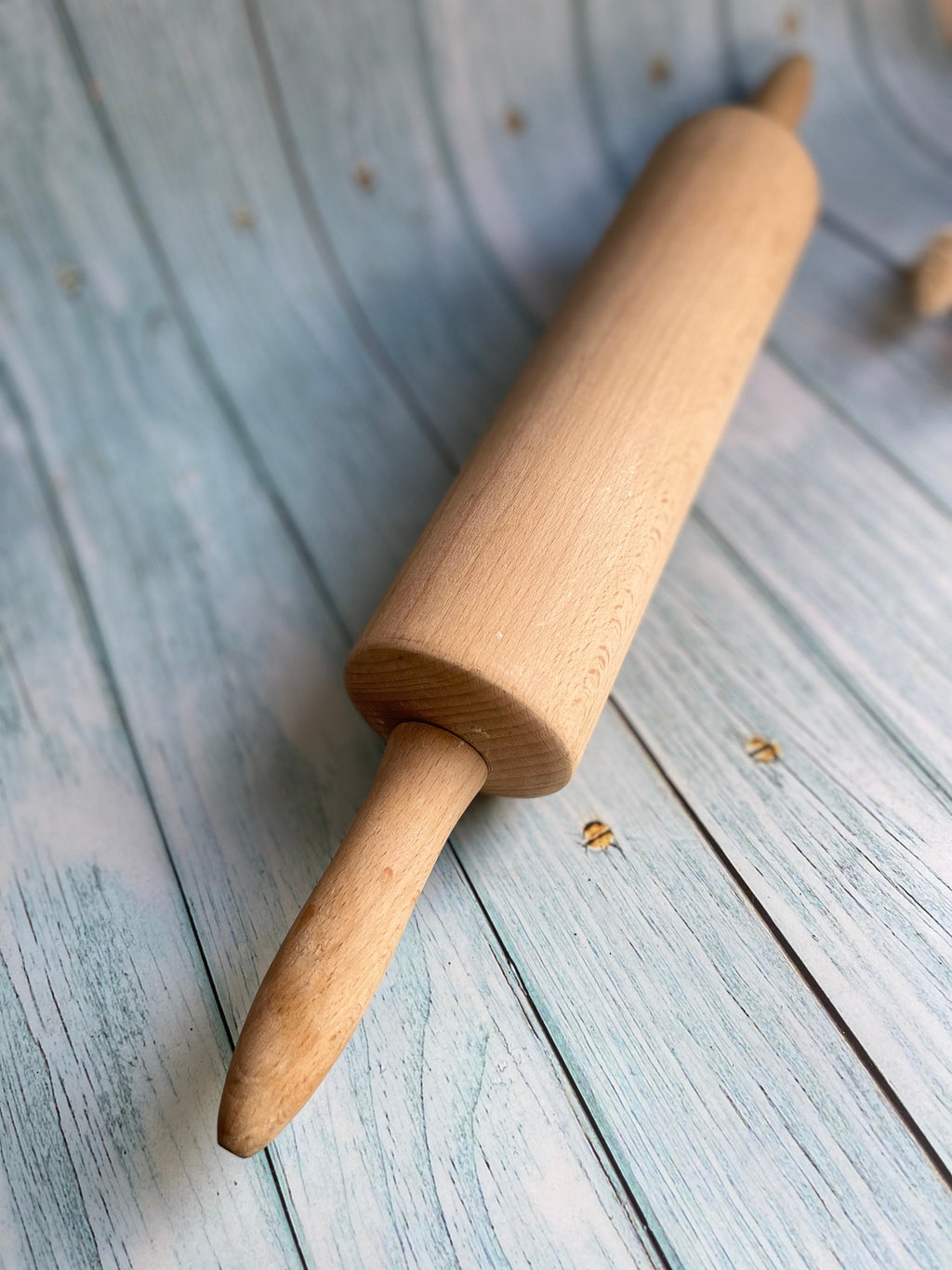 Vintage French Solid Pine Two Handle Wooden Rolling Pin