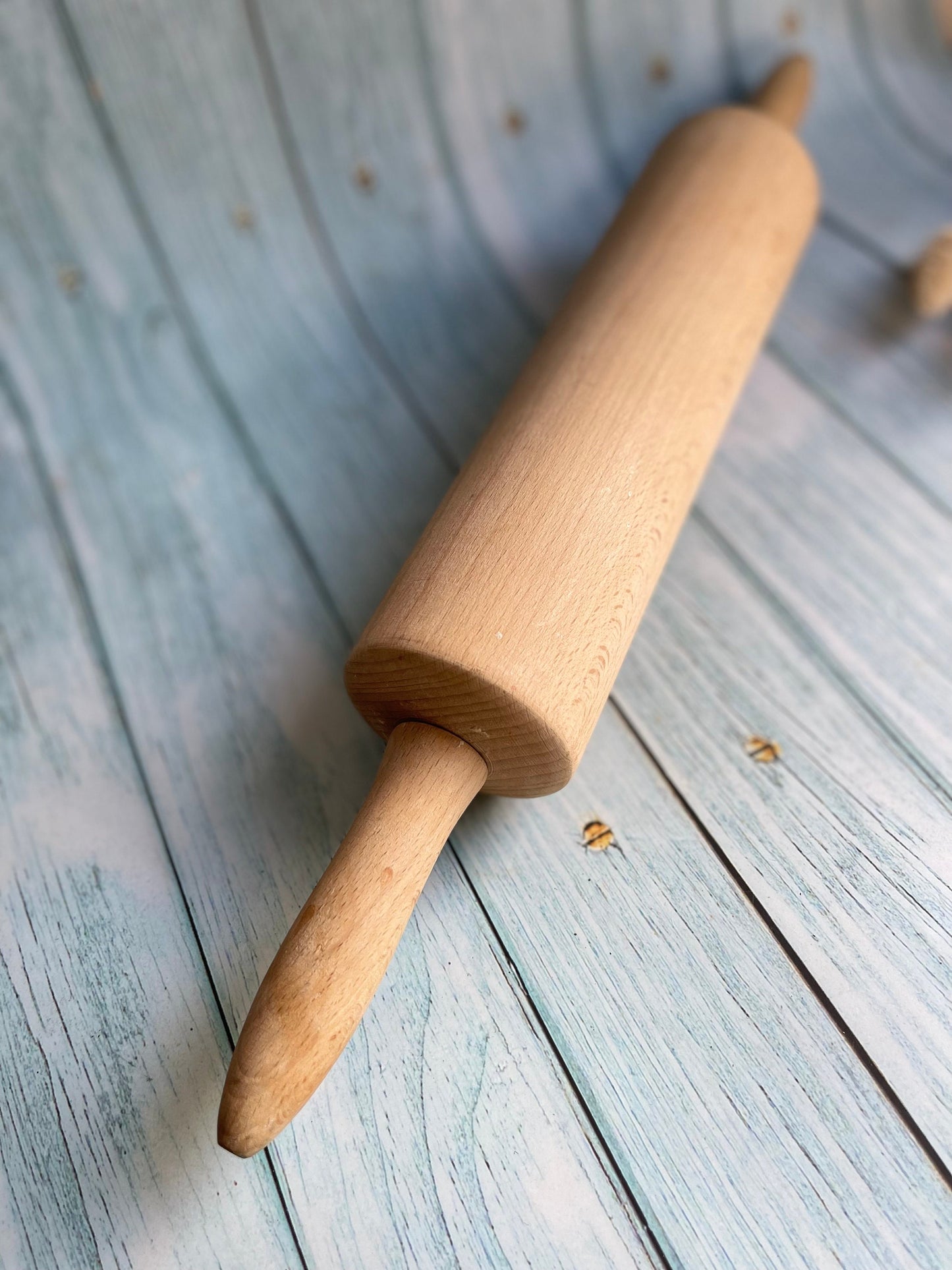 Vintage French Solid Pine Two Handle Wooden Rolling Pin