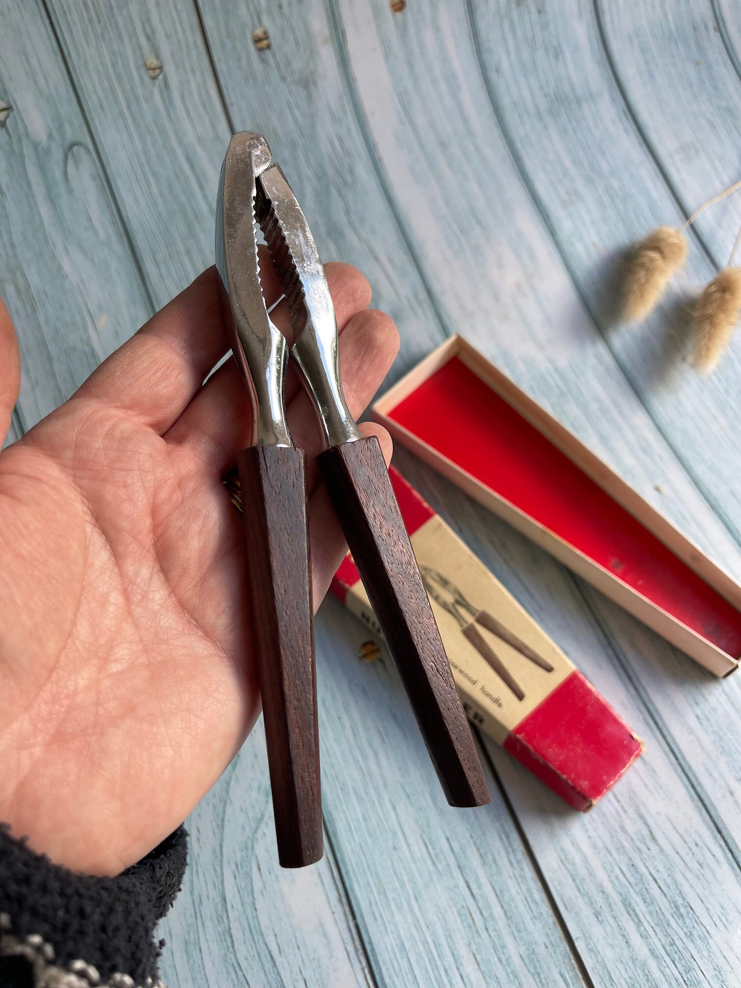 Vintage Chrome Finished Rosewood Handle Nutcrackers in Original Box