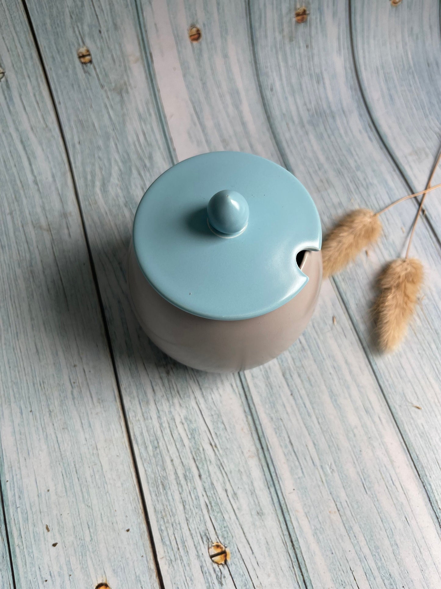 Poole Pottery Vintage Preserve, Mustard, Jam, Honey Pot with Lid, Grey and Pale Blue Ceramic Tableware