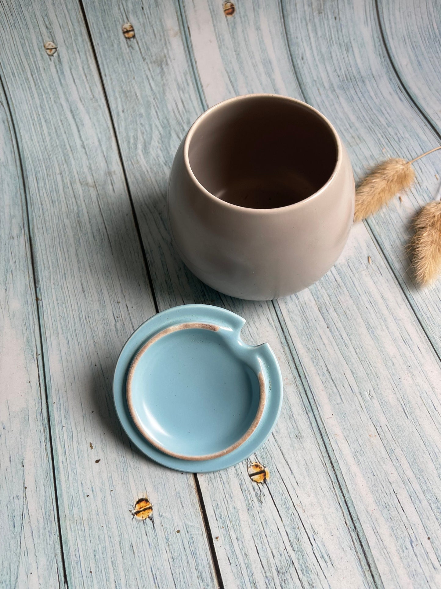 Poole Pottery Vintage Preserve, Mustard, Jam, Honey Pot with Lid, Grey and Pale Blue Ceramic Tableware