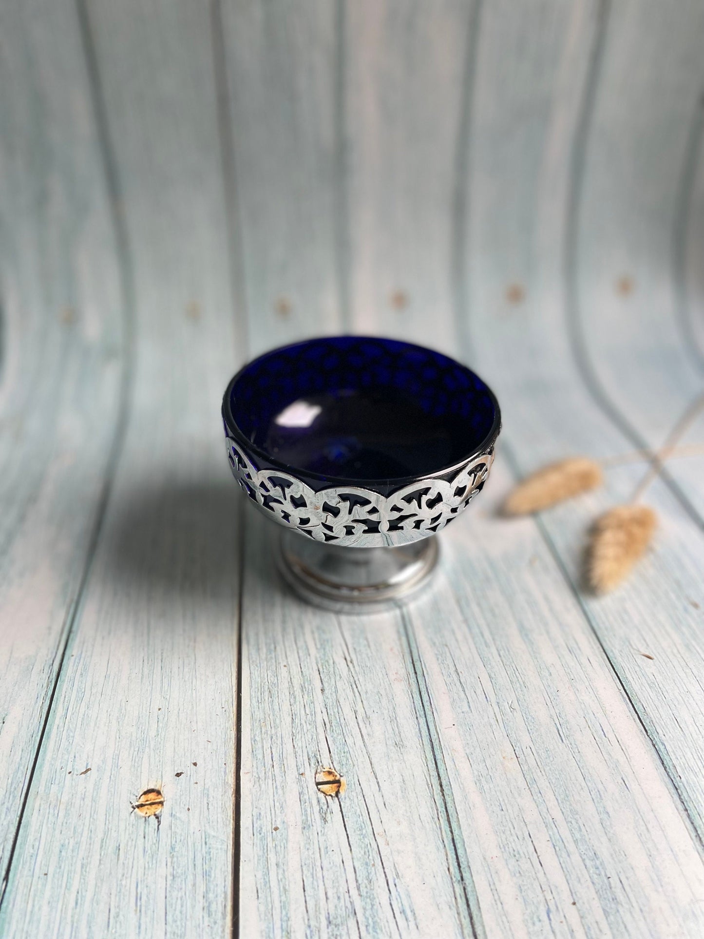 Vintage Silver Metal Pierced Design Sugar Bowl with Blue Glass Liner