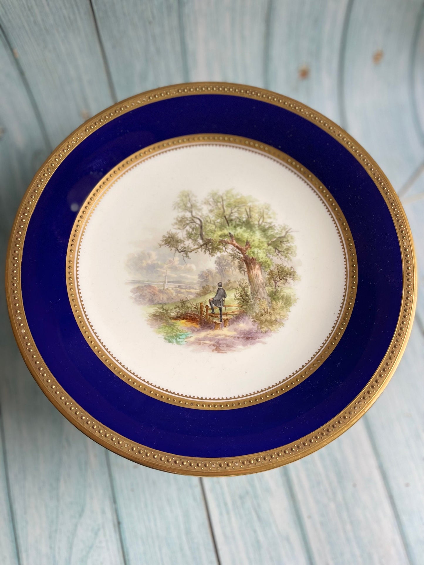 Beautiful Victorian Comport with Wide Blue Border, Gilt Detailing and Pastoral Central Scene