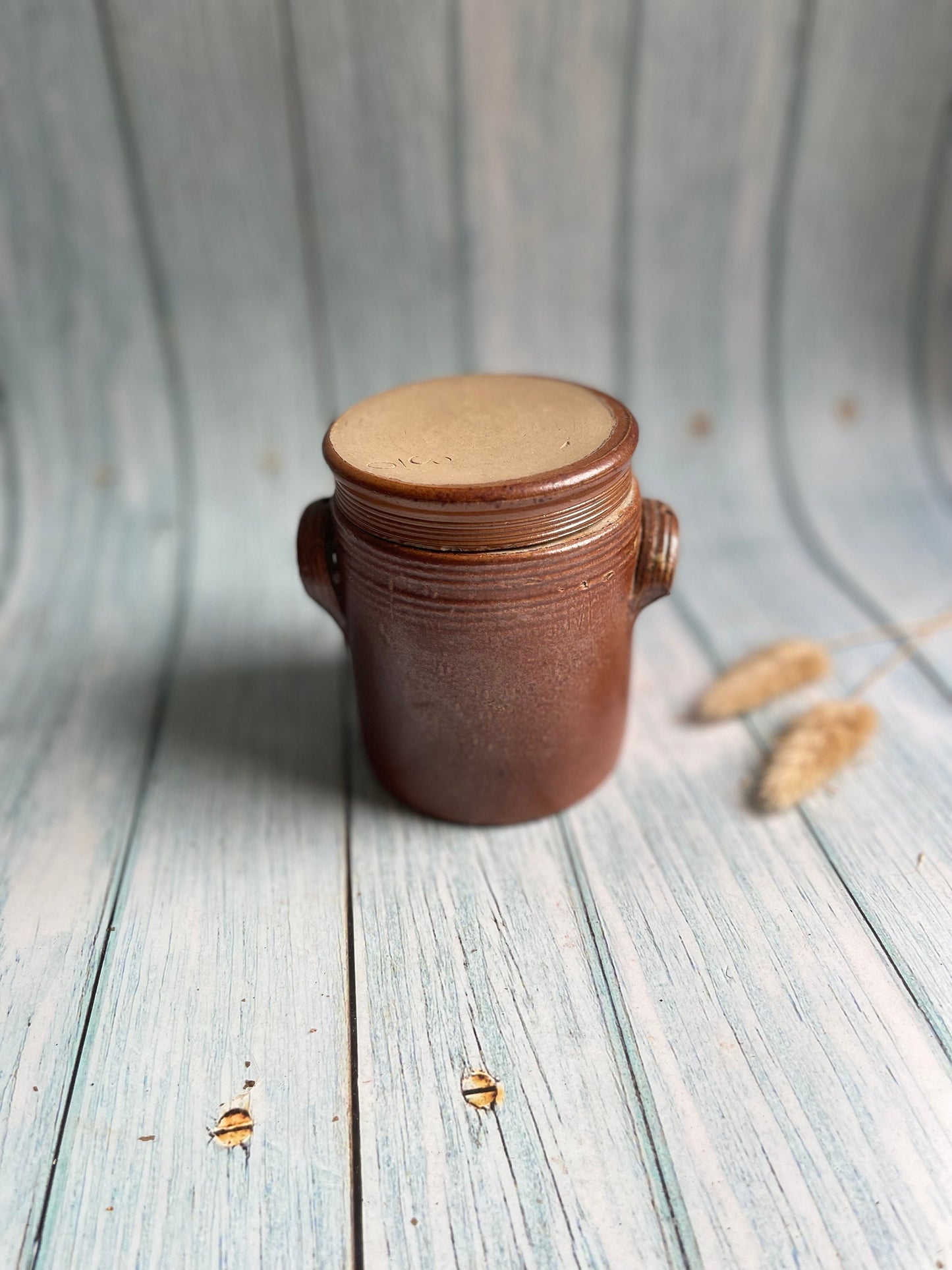 Small Antique Rustic French Stoneware Olive, Confit or Gris Pot with Lid