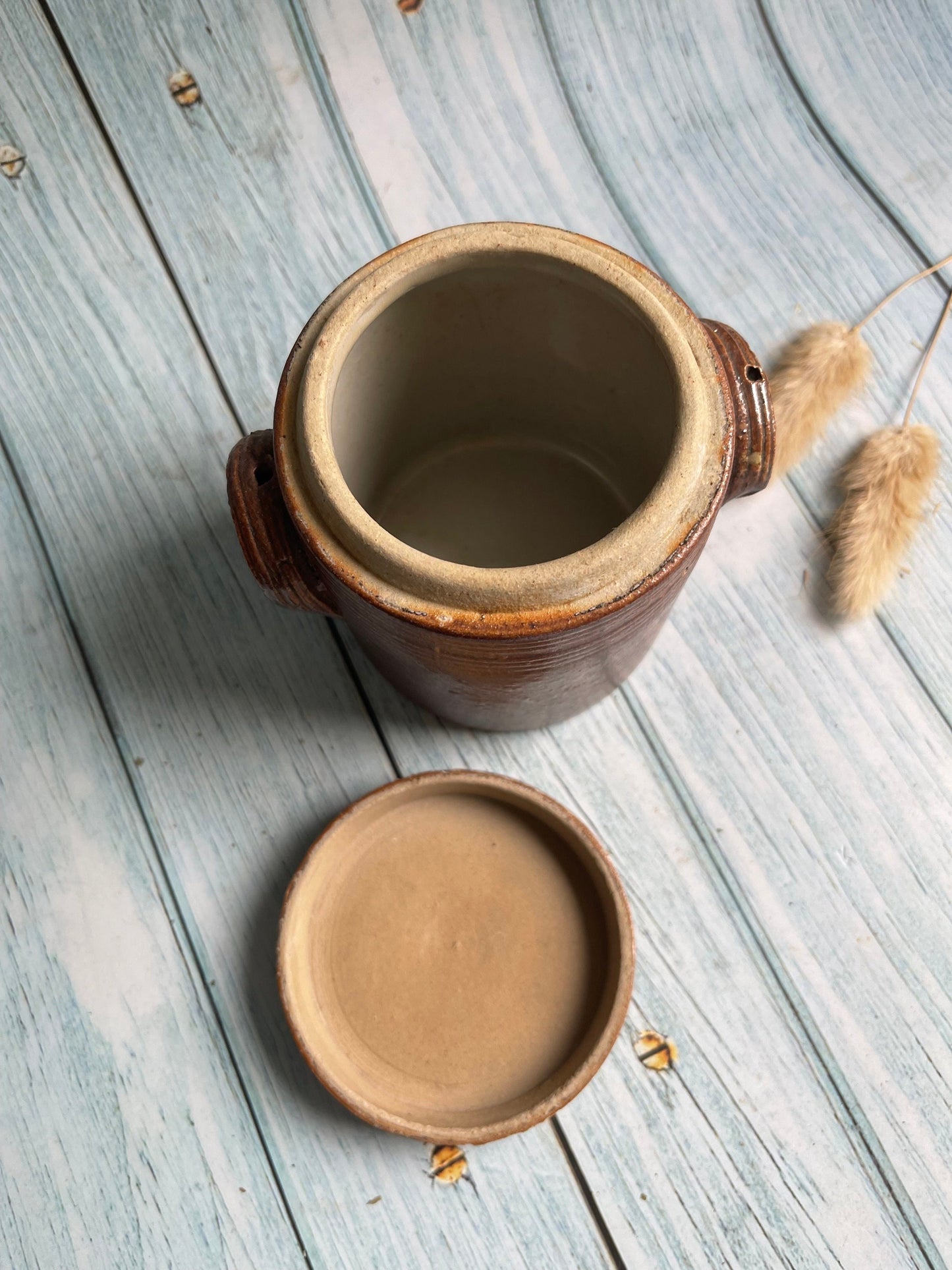 Small Antique Rustic French Stoneware Olive, Confit or Gris Pot with Lid