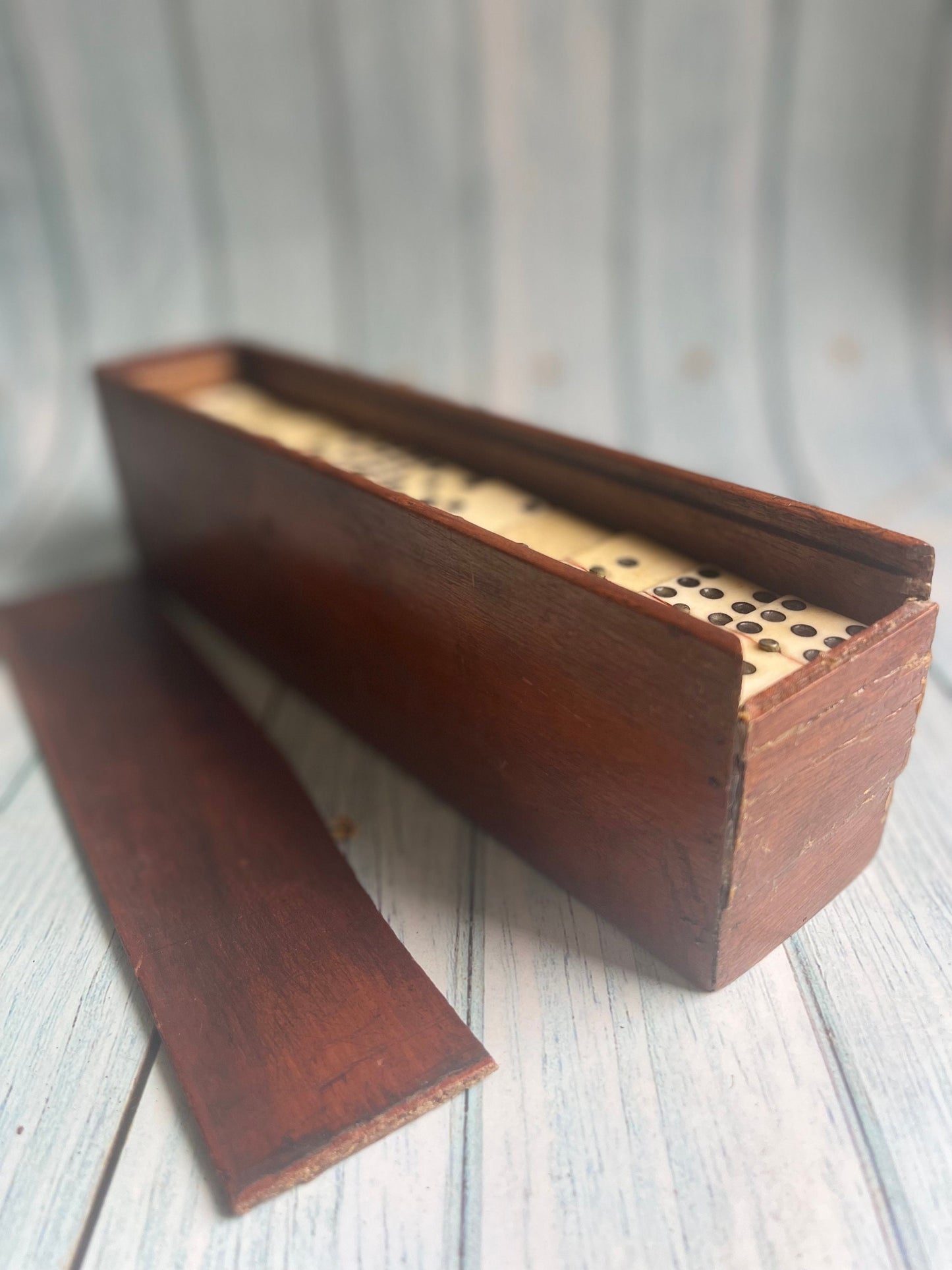 Victorian Complete Set of Bone and Ebony Dominoes in Original Wooden Box with Sliding Lid