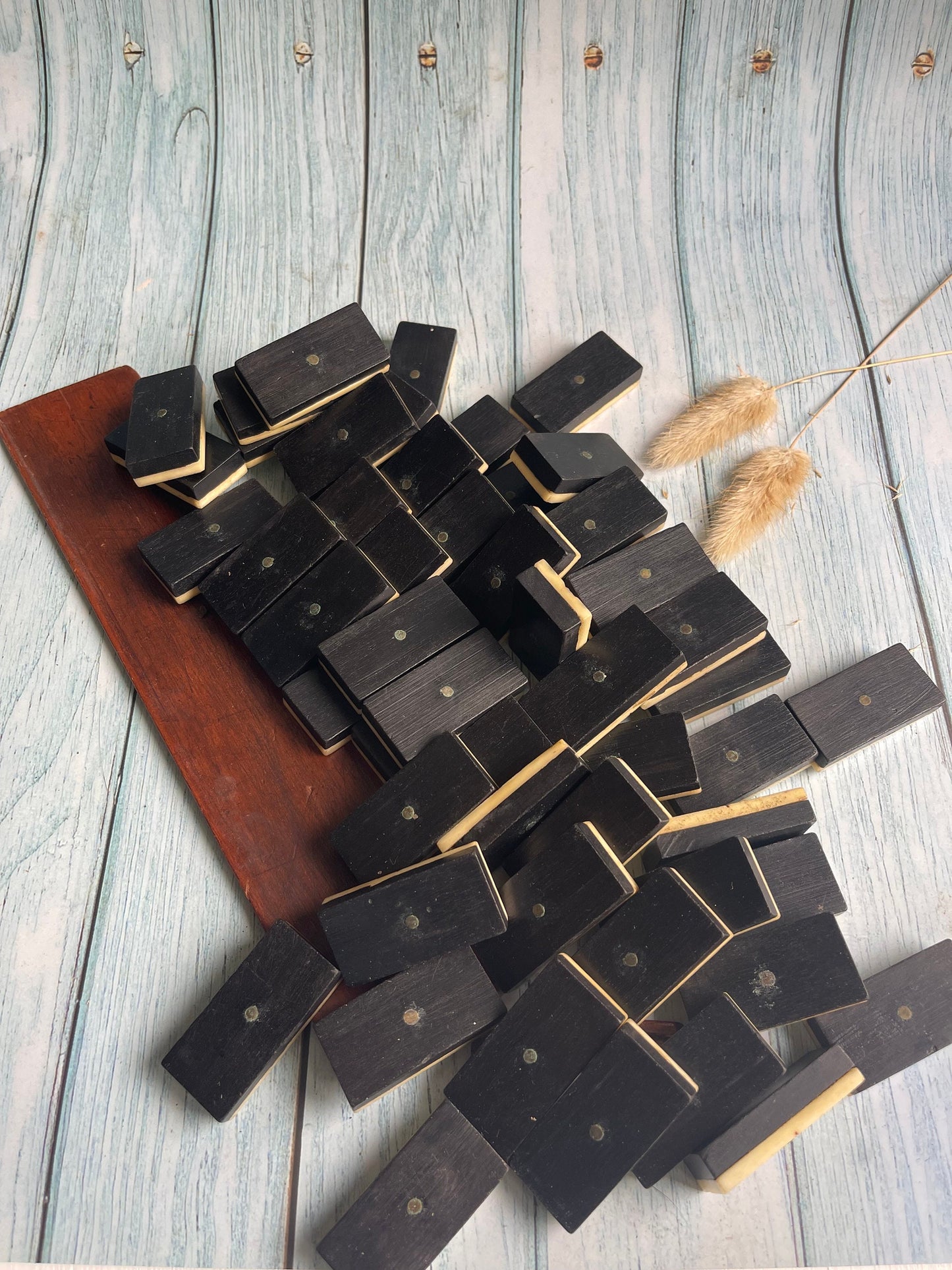 Victorian Complete Set of Bone and Ebony Dominoes in Original Wooden Box with Sliding Lid