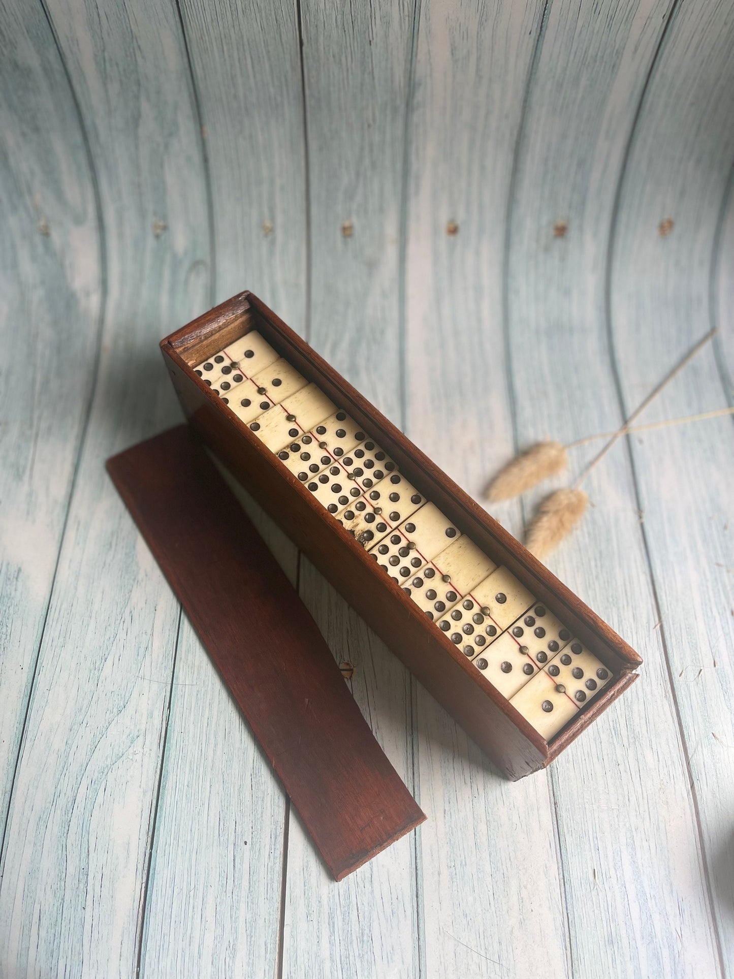 Victorian Complete Set of Bone and Ebony Dominoes in Original Wooden Box with Sliding Lid