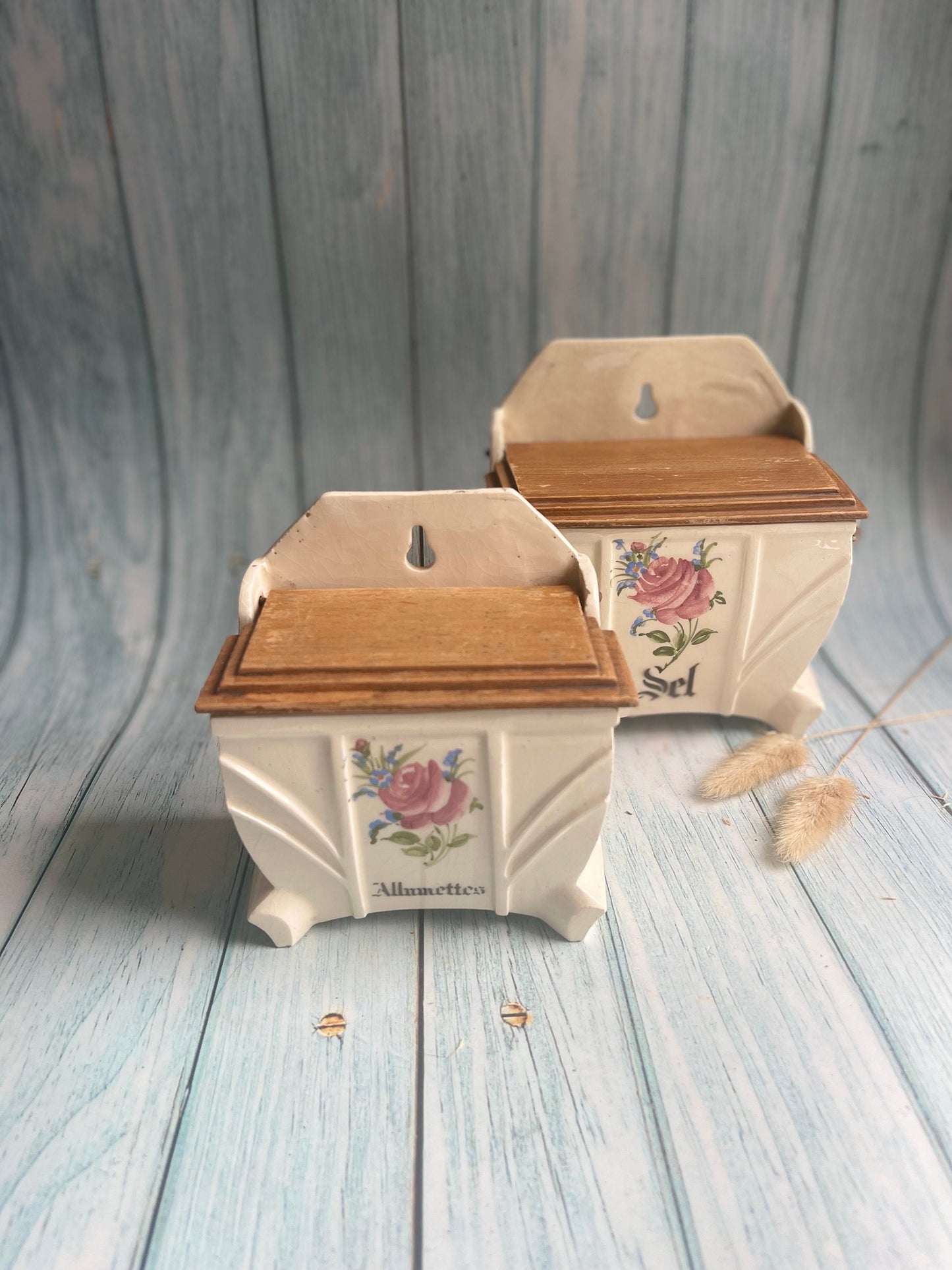 Pair of Vintage French Kitchen Hanging Wooden Lid Boxes for Salt and Matches / Sel et Alumettes