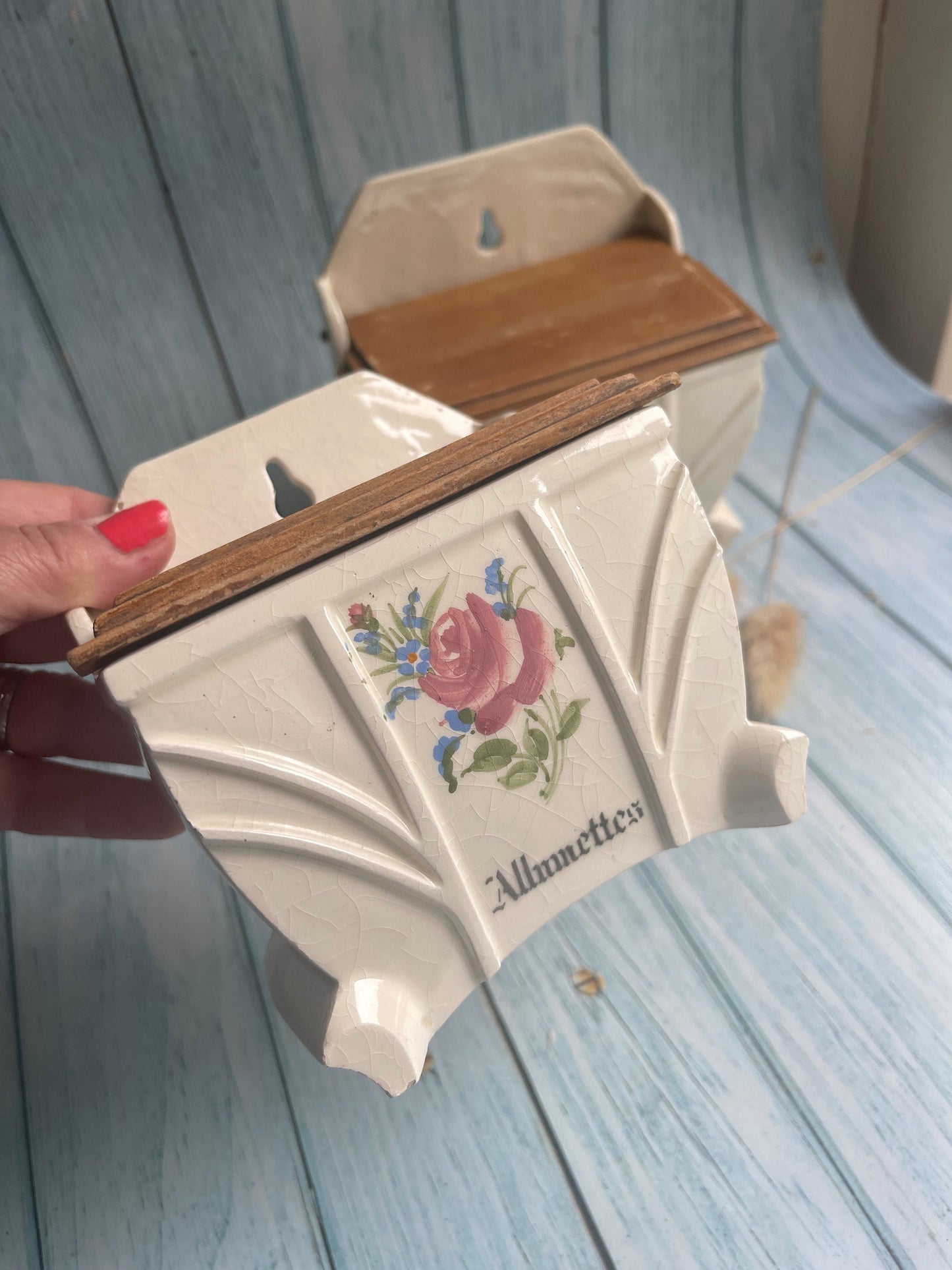 Pair of Vintage French Kitchen Hanging Wooden Lid Boxes for Salt and Matches / Sel et Alumettes