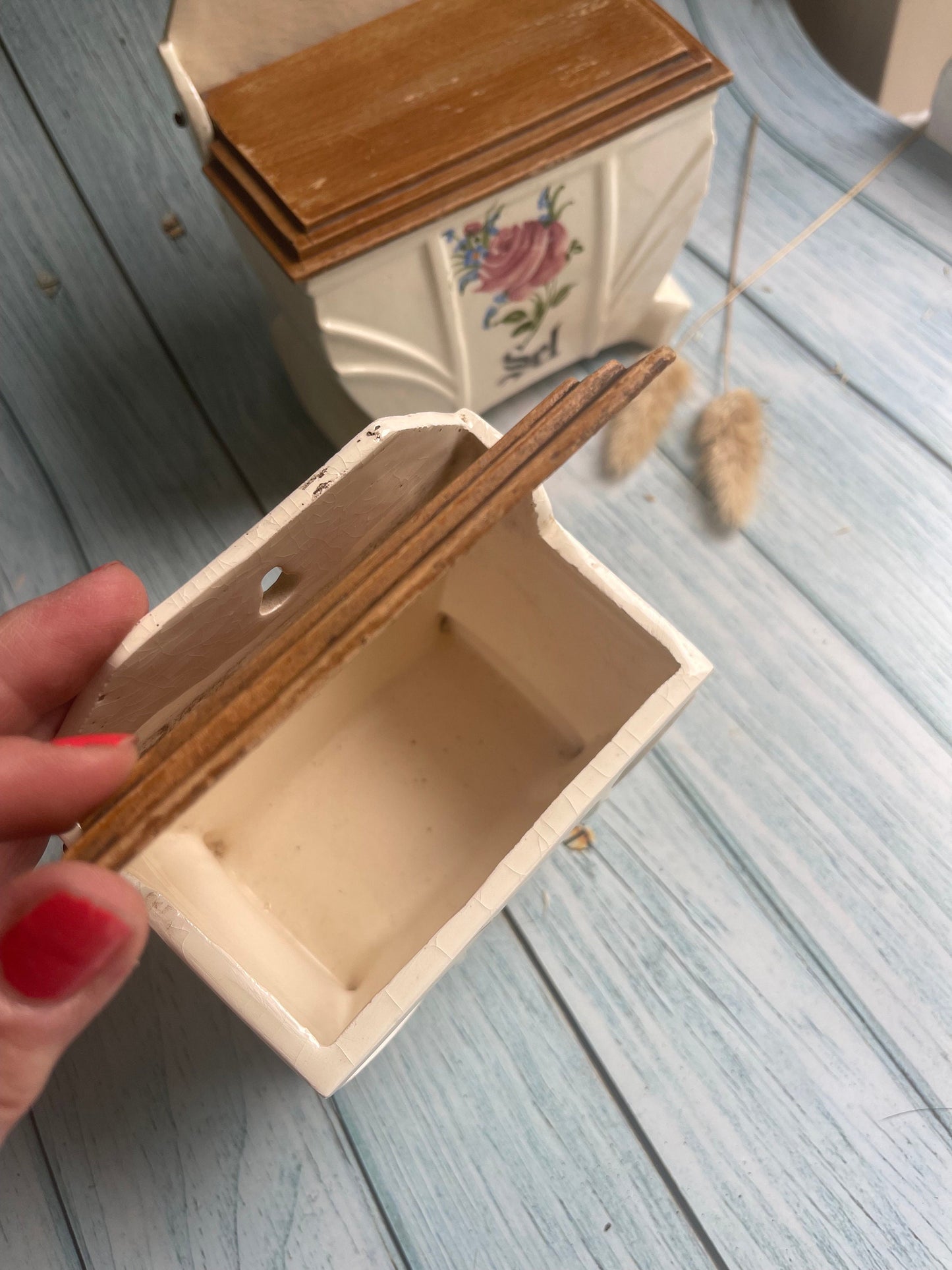 Pair of Vintage French Kitchen Hanging Wooden Lid Boxes for Salt and Matches / Sel et Alumettes