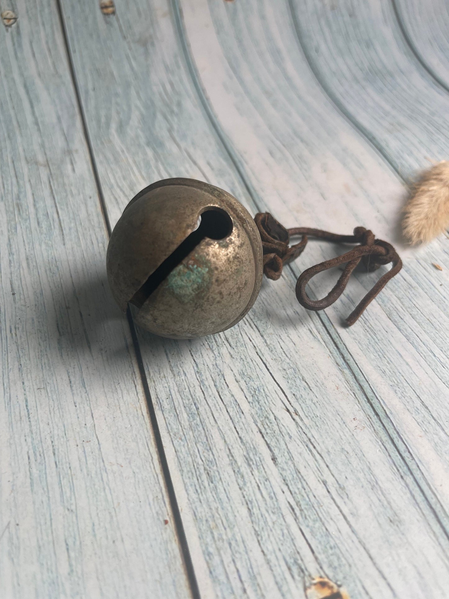 Antique French Brass Crotal Bell / Animal Bell / Goat /Sheep Bell with Original Leather Fixing