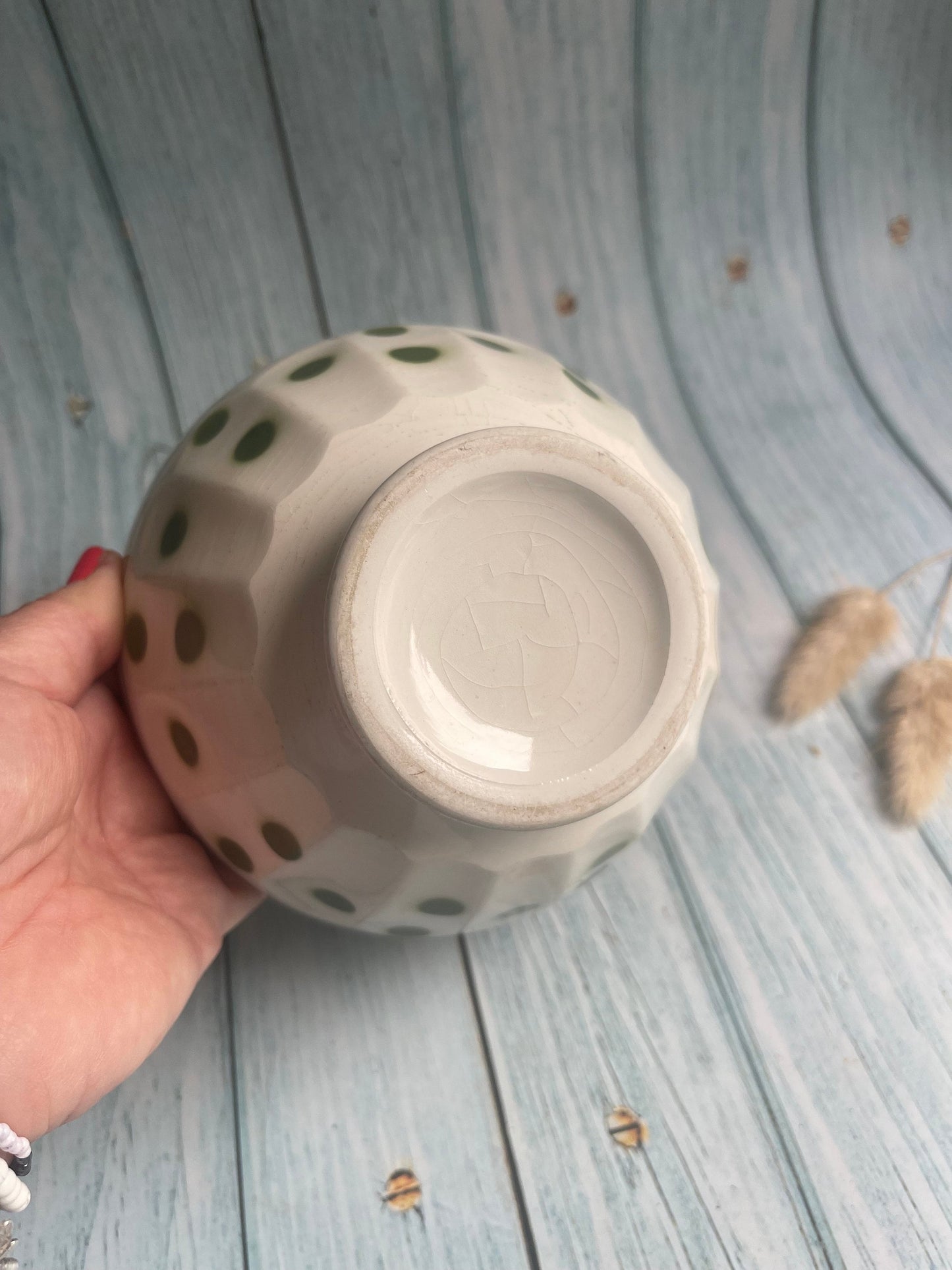 Vintage French Green and White Spot Design Cafe au Lait Bowl with Lovely Crazing