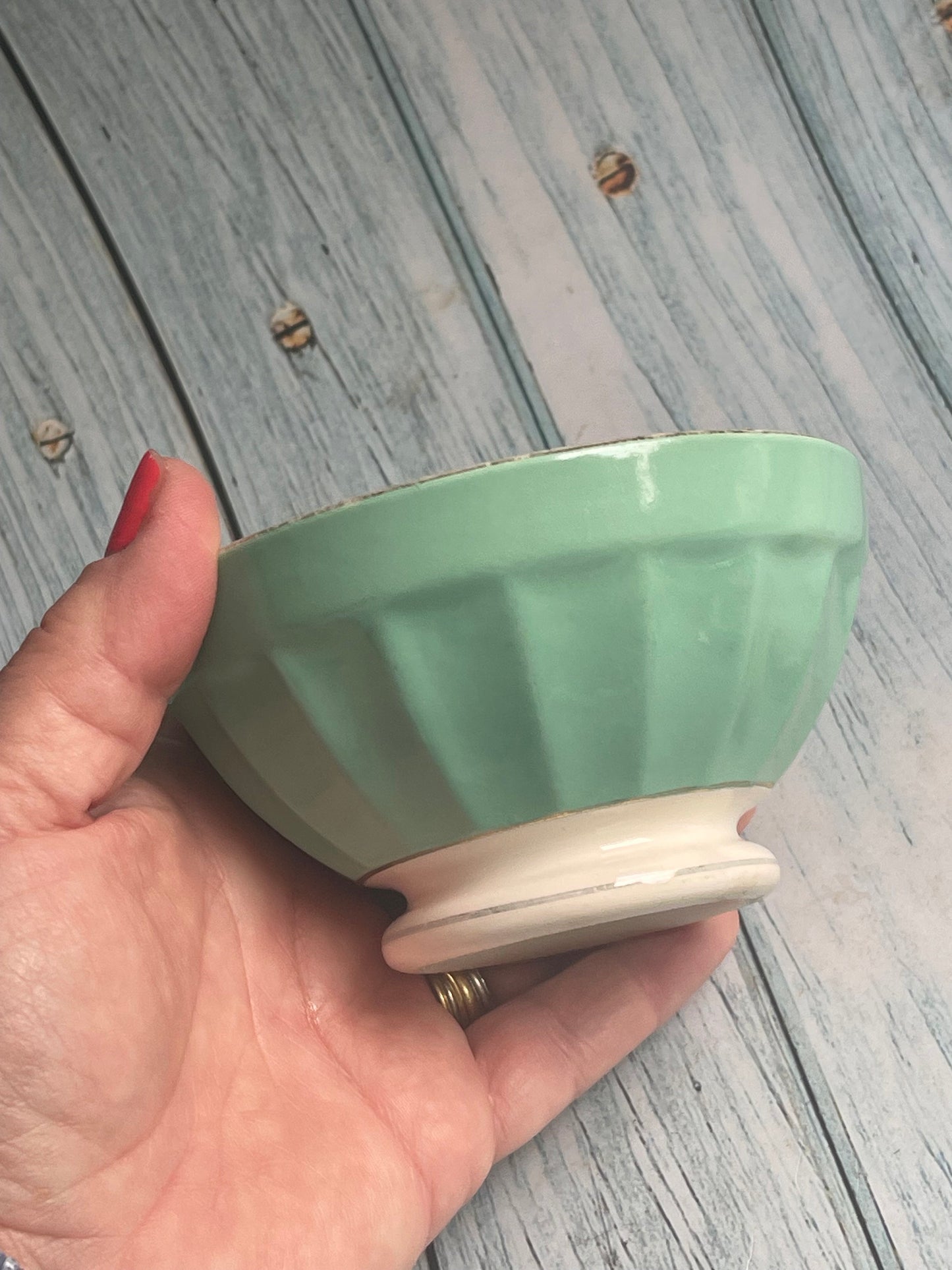 Antique French Digoin & Sarreguemines Green and White Ribbed Cafe au Lait Bowl