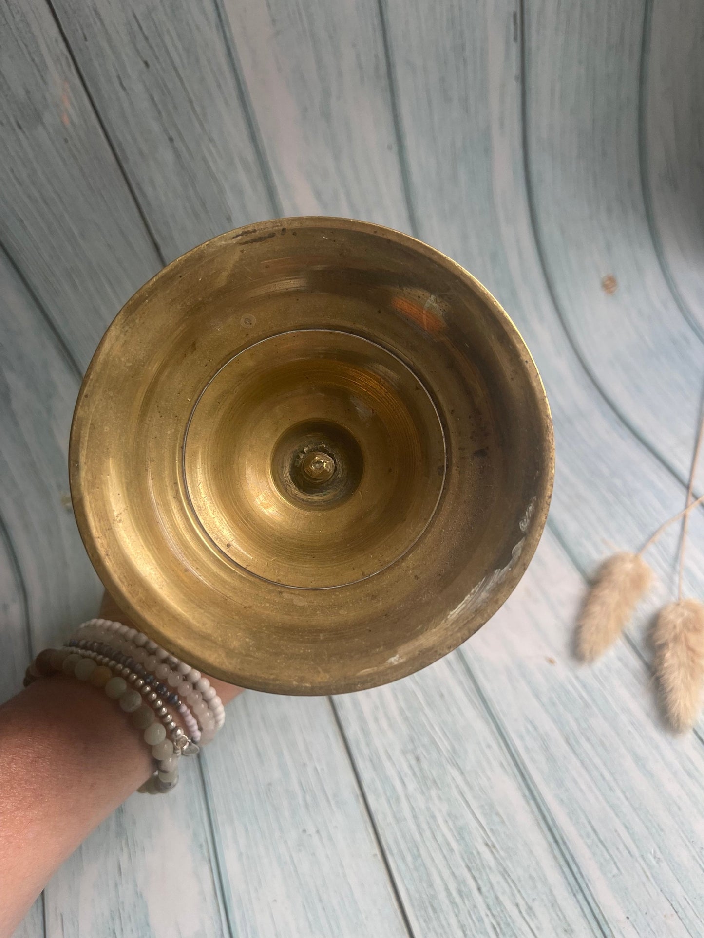 Antique French Brass Column Candlestick with Pusher