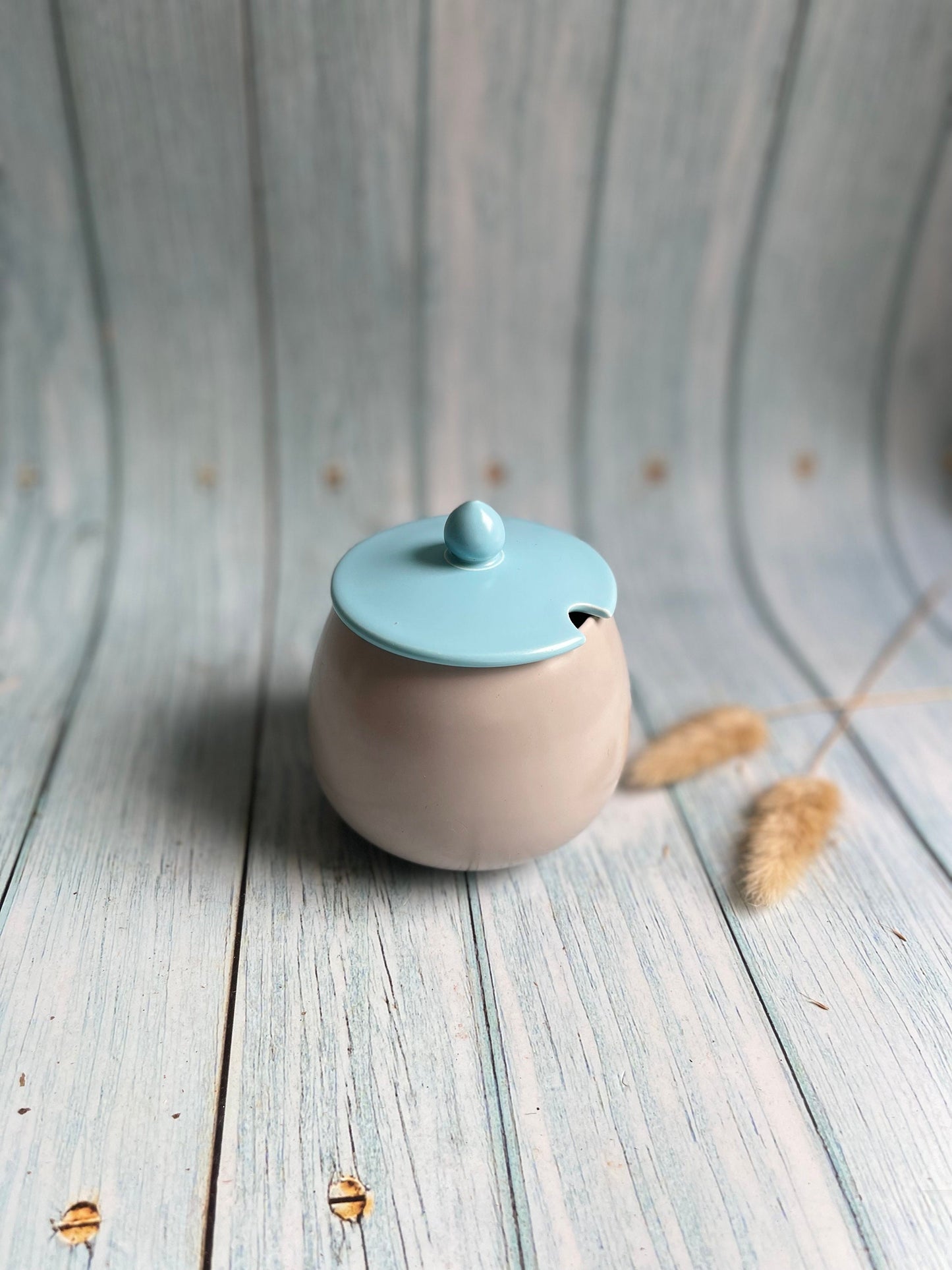 Poole Pottery Vintage Preserve, Mustard, Jam, Honey Pot with Lid, Grey and Pale Blue Ceramic Tableware