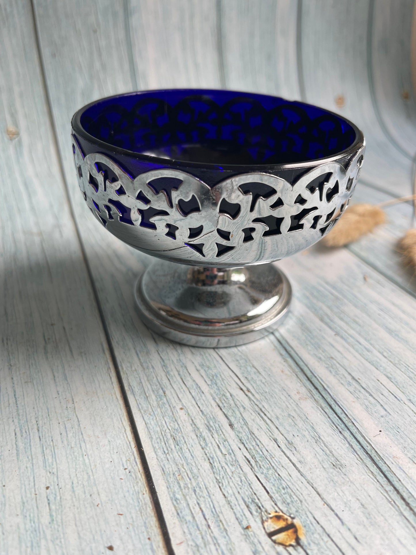 Vintage Silver Metal Pierced Design Sugar Bowl with Blue Glass Liner