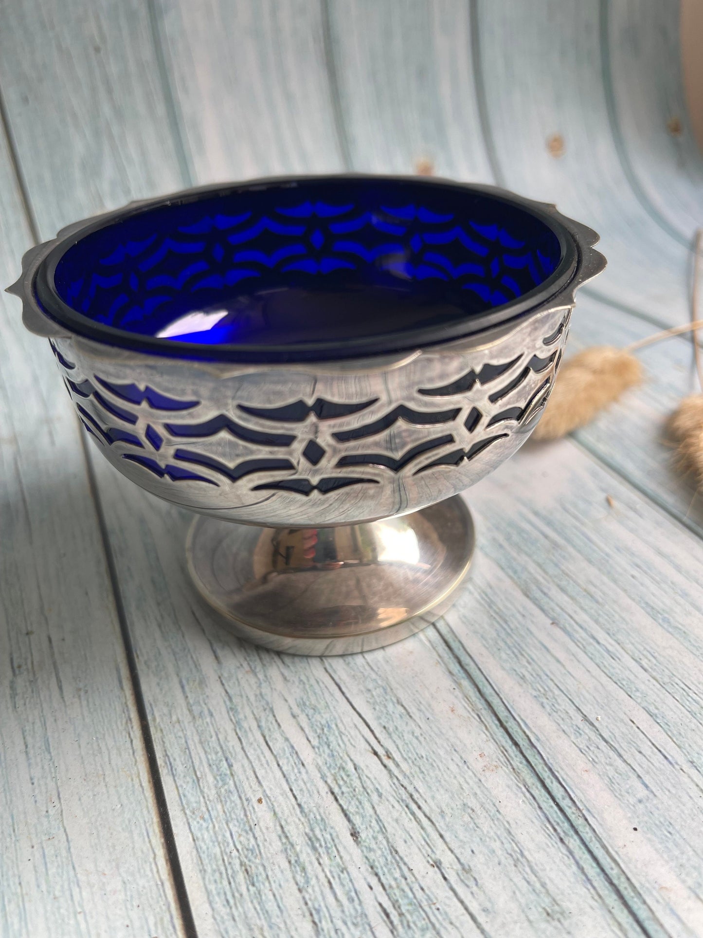 Vintage EPNS Silver Plated Sugar Bowl with Blue Glass Liner