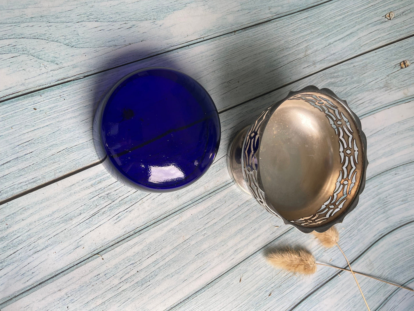 Vintage EPNS Silver Plated Sugar Bowl with Blue Glass Liner