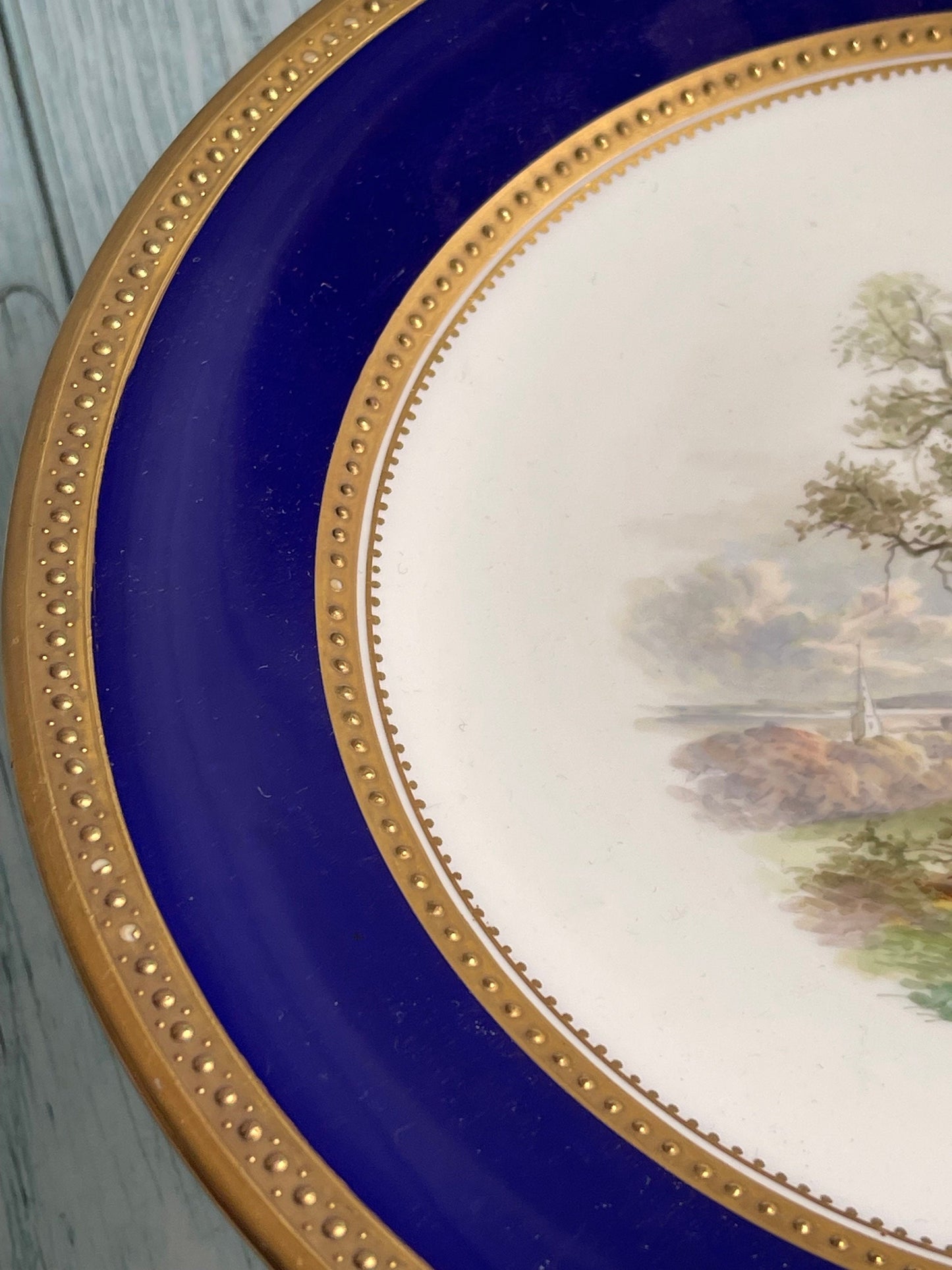 Beautiful Victorian Comport with Wide Blue Border, Gilt Detailing and Pastoral Central Scene