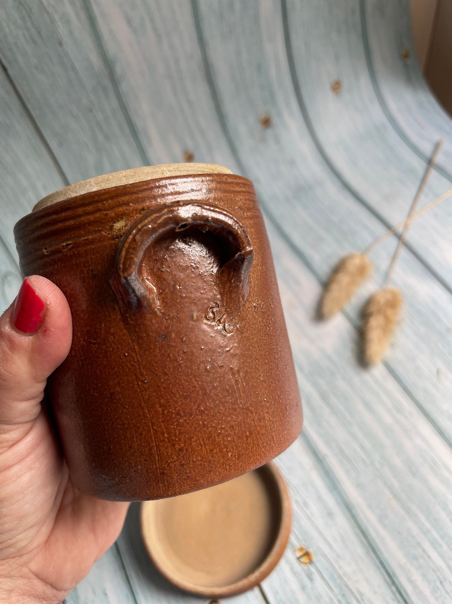 Small Antique Rustic French Stoneware Olive, Confit or Gris Pot with Lid