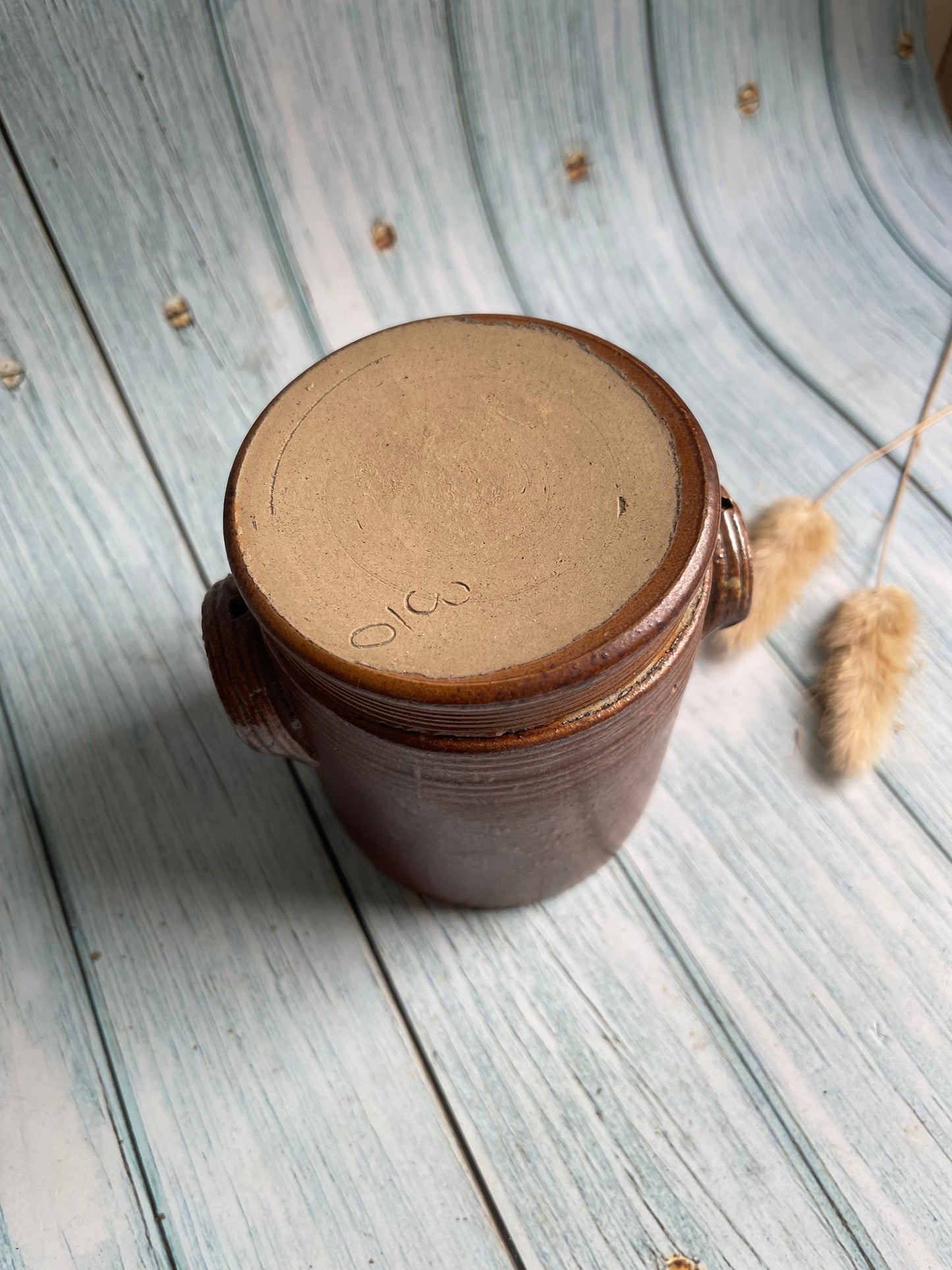 Small Antique Rustic French Stoneware Olive, Confit or Gris Pot with Lid