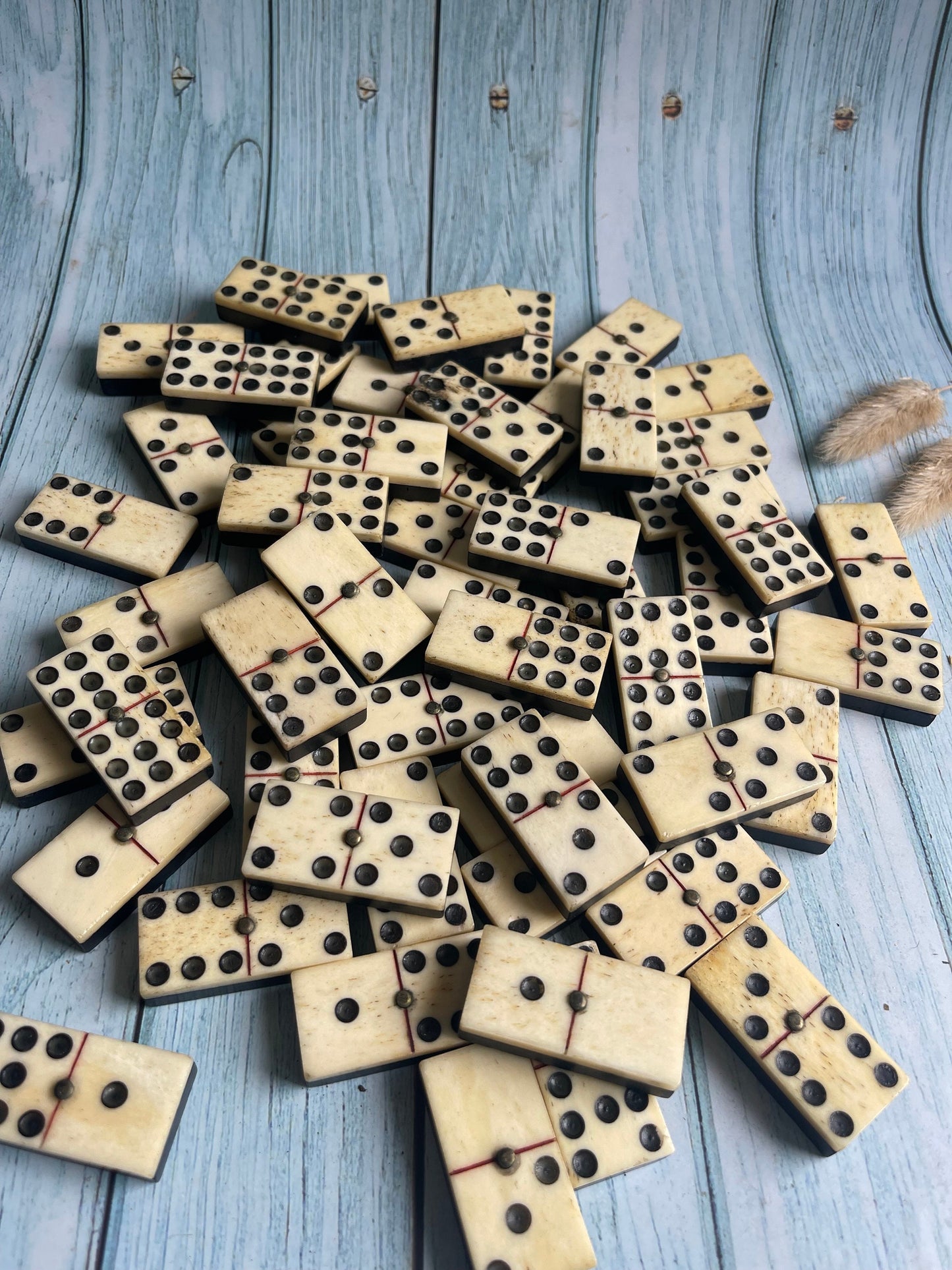 Victorian Complete Set of Bone and Ebony Dominoes in Original Wooden Box with Sliding Lid