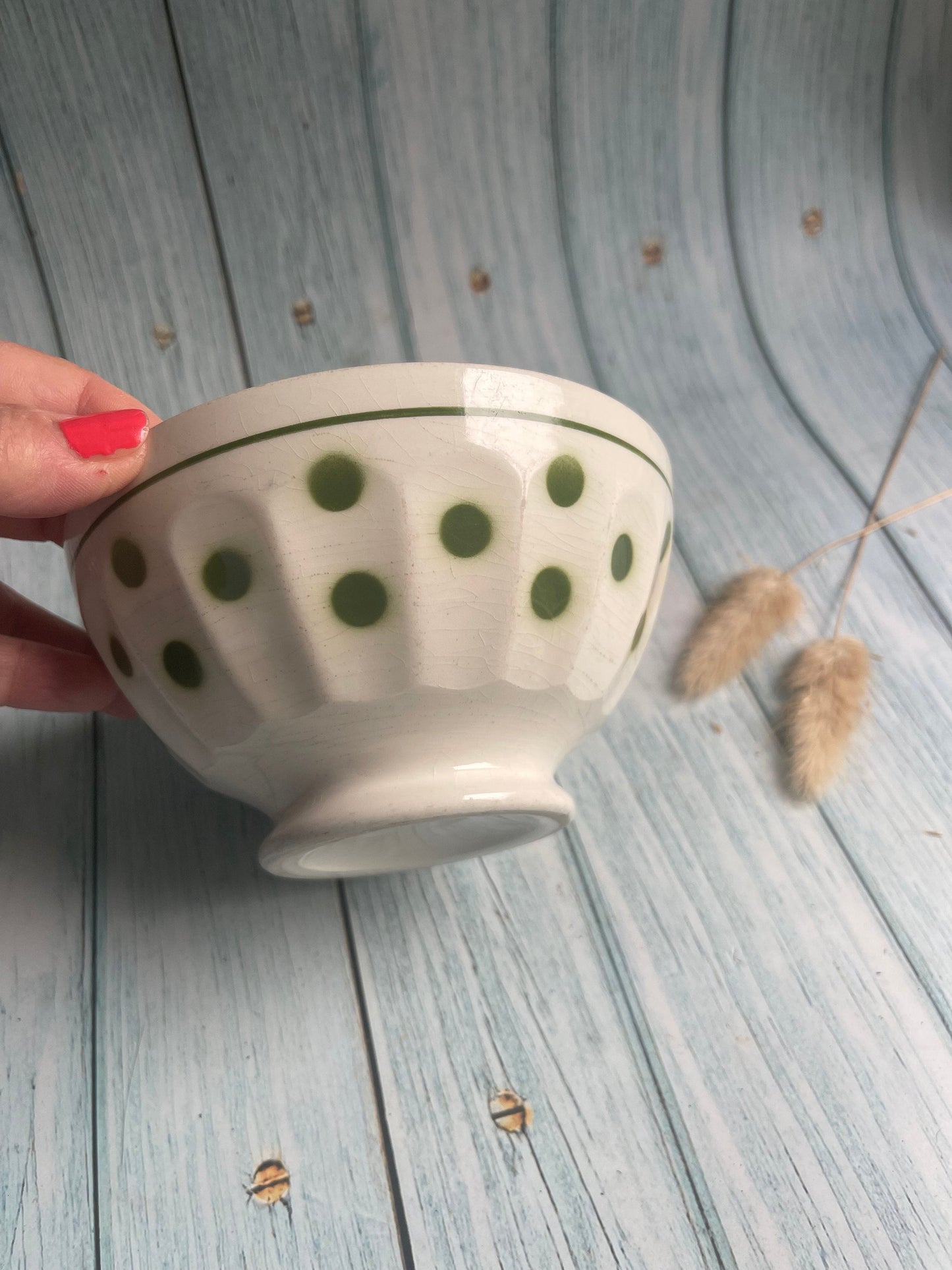 Vintage French Green and White Spot Design Cafe au Lait Bowl with Lovely Crazing