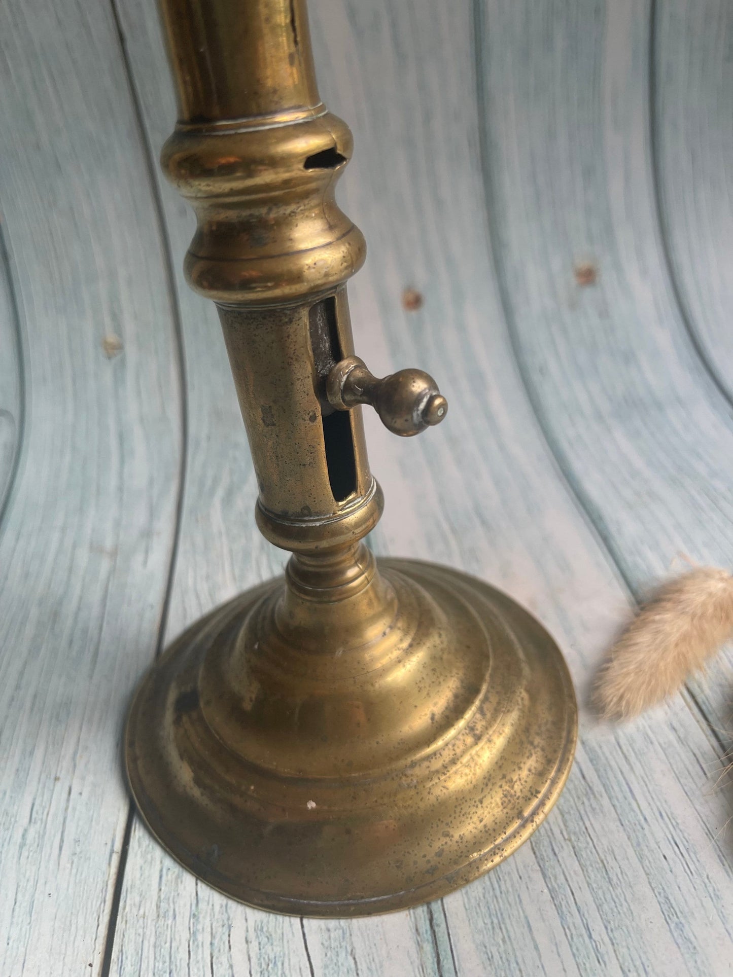 Antique French Brass Column Candlestick with Pusher