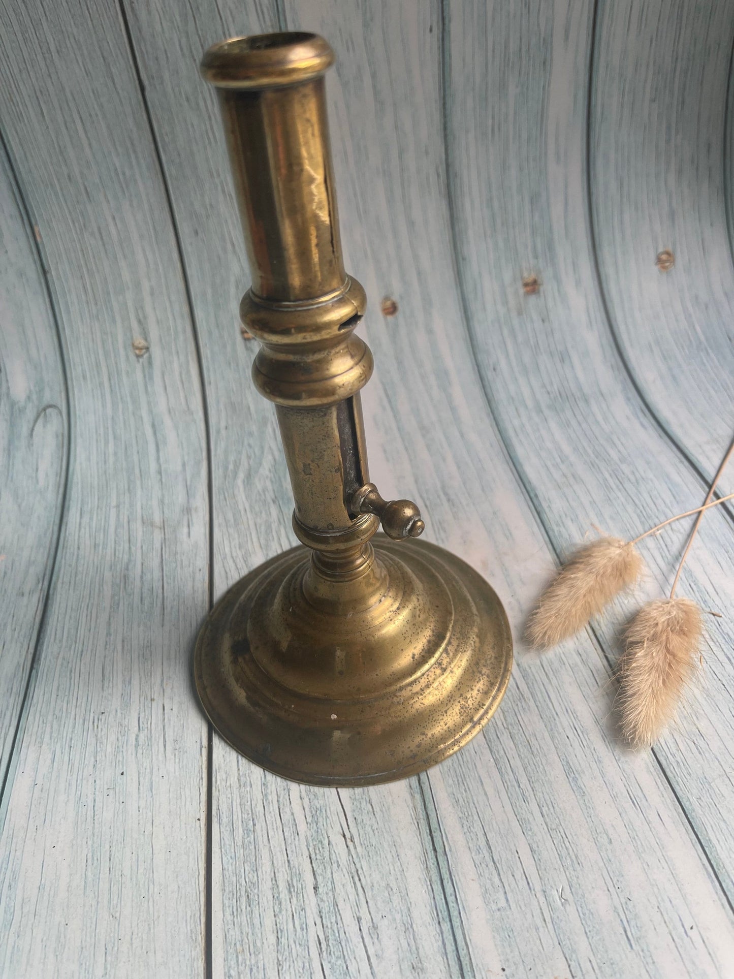 Antique French Brass Column Candlestick with Pusher