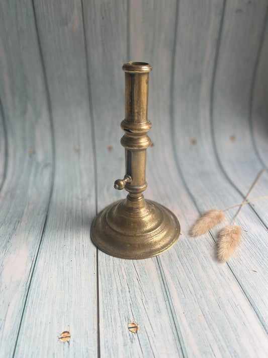 Antique French Brass Column Candlestick with Pusher