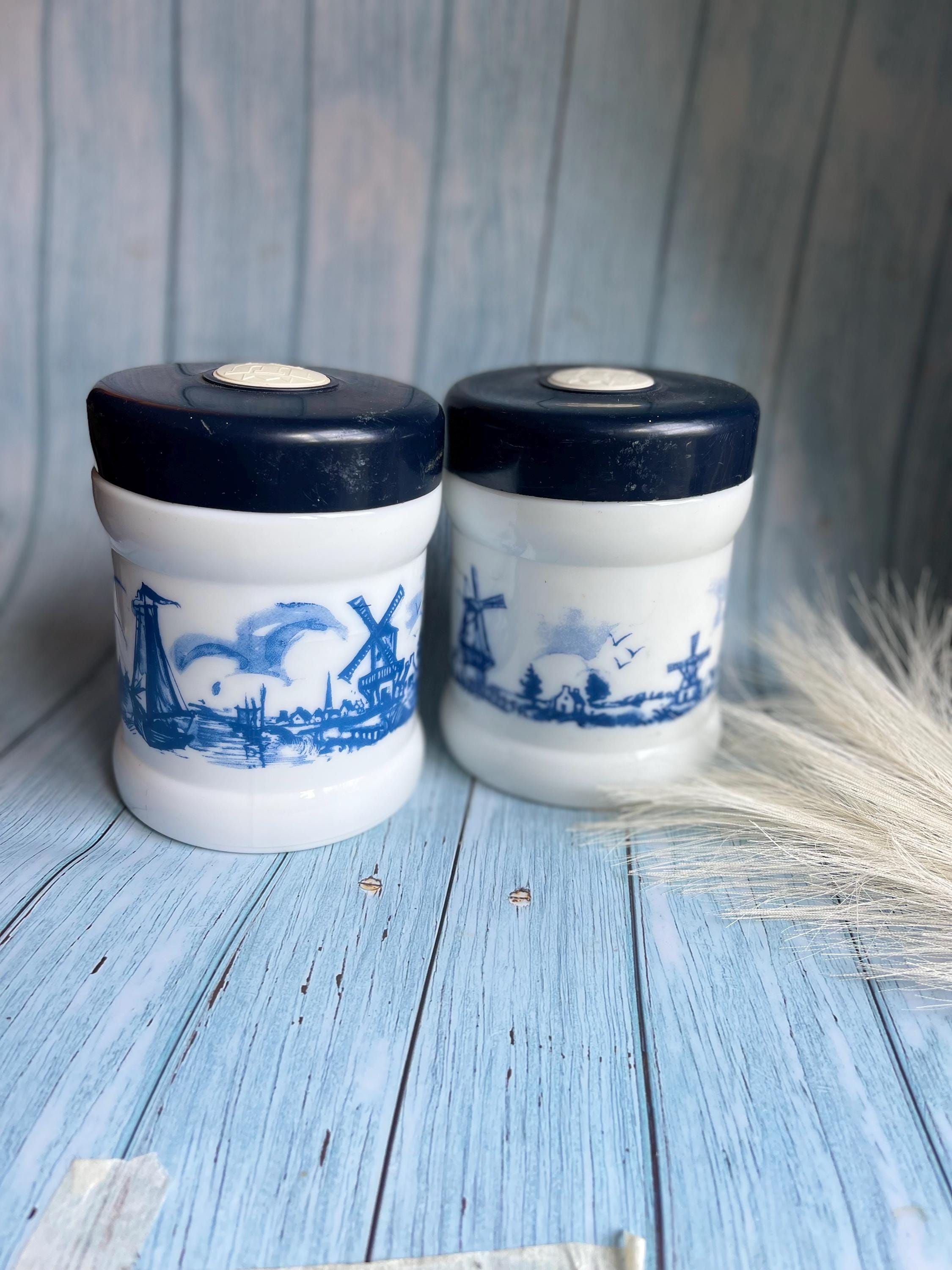 Pair of Vintage Blue and White Dutch Kitchen Storage Canisters / Valkenswaard Opaline Milk Glass Jar Holland / Humidor / Made in Belgium