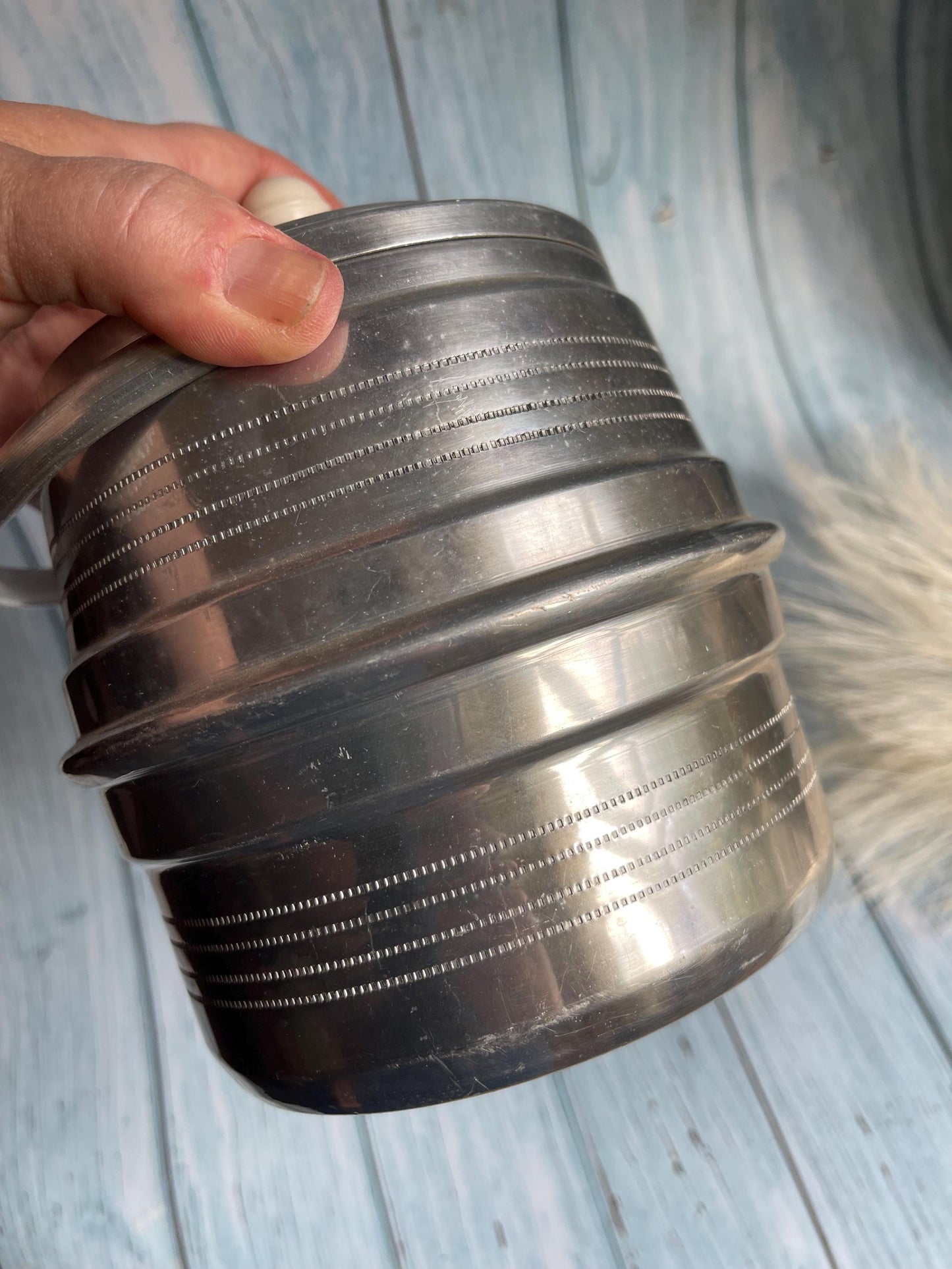 Art Deco Aluminium Silver Metal Ice Bucket or Biscuit Barrel with Celluloid Handle