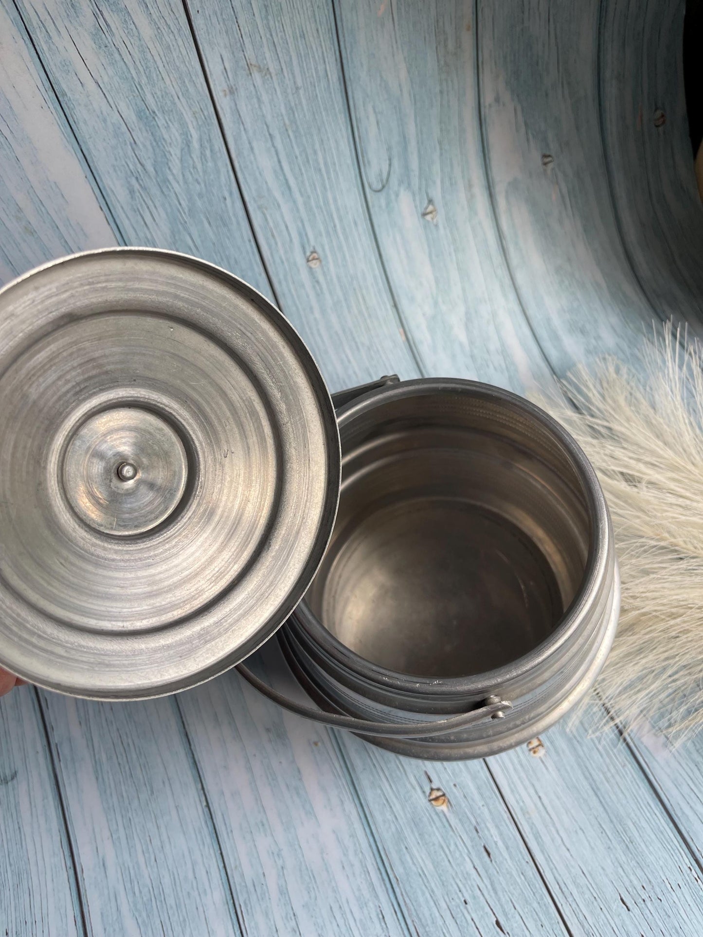 Art Deco Aluminium Silver Metal Ice Bucket or Biscuit Barrel with Celluloid Handle