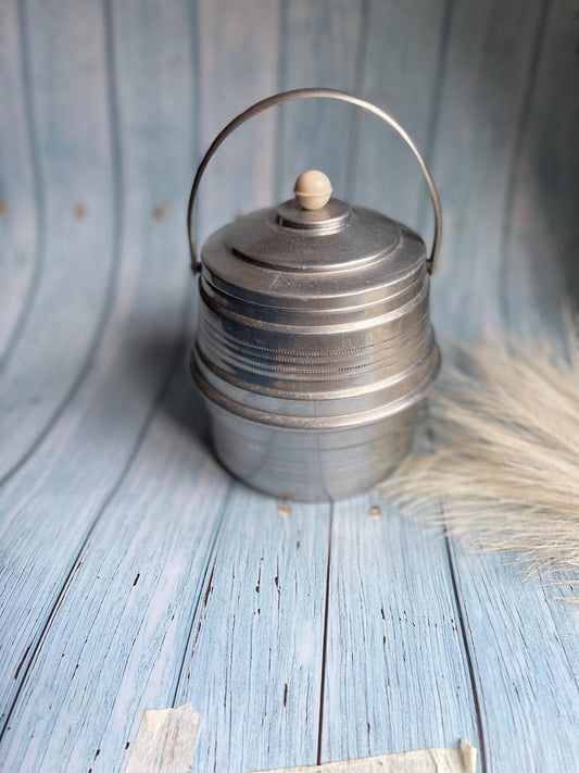 Art Deco Aluminium Silver Metal Ice Bucket or Biscuit Barrel with Celluloid Handle