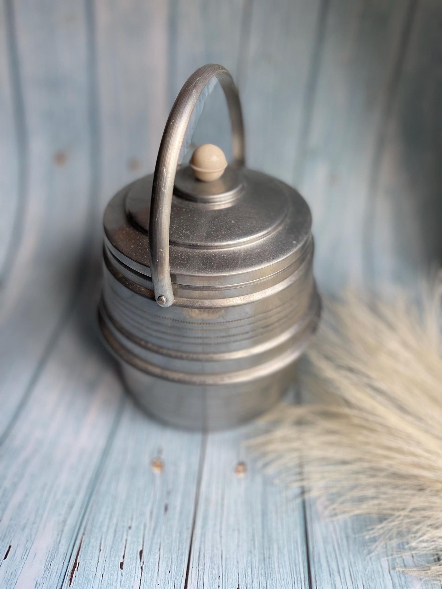 Art Deco Aluminium Silver Metal Ice Bucket or Biscuit Barrel with Celluloid Handle