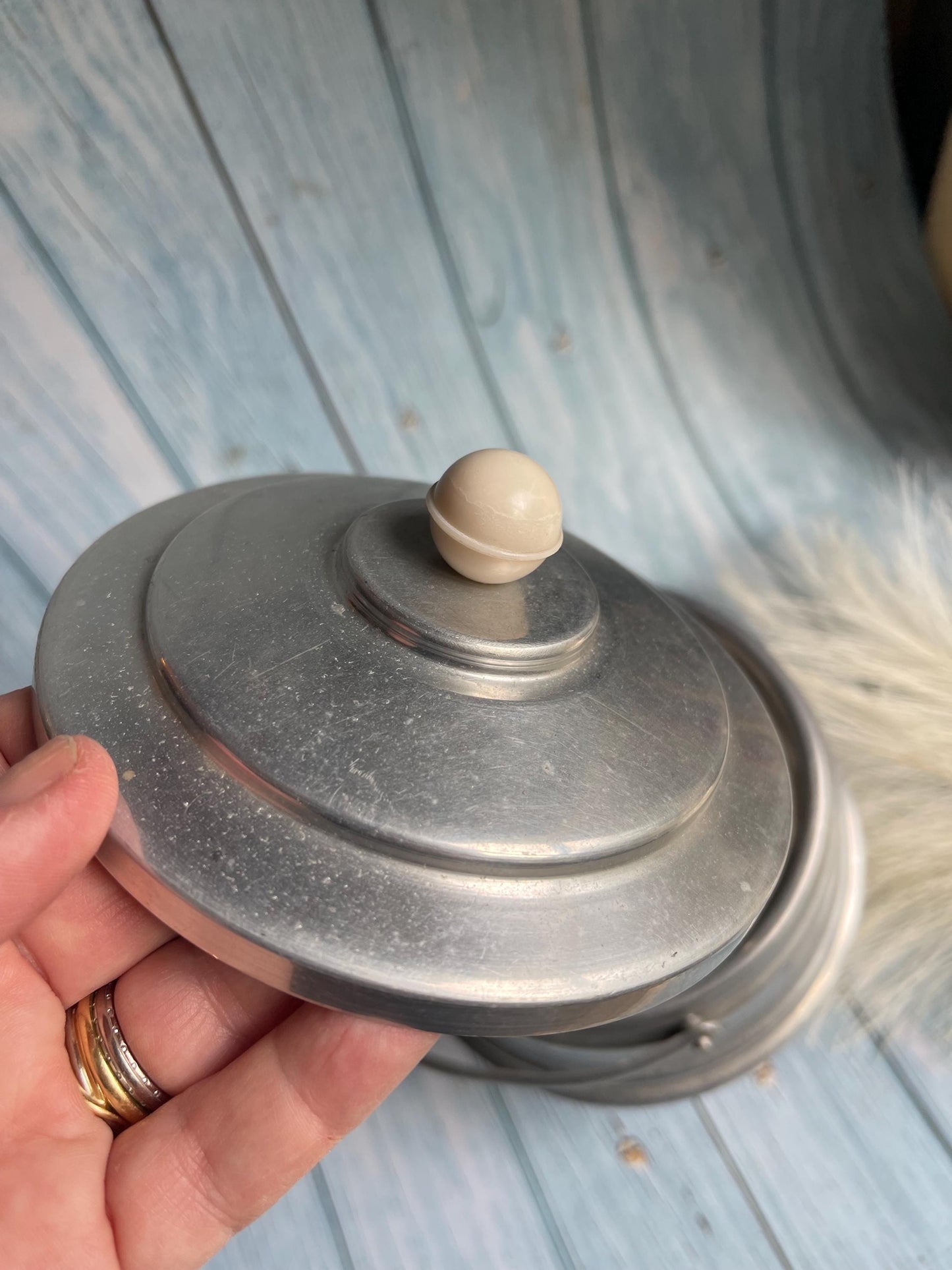 Art Deco Aluminium Silver Metal Ice Bucket or Biscuit Barrel with Celluloid Handle