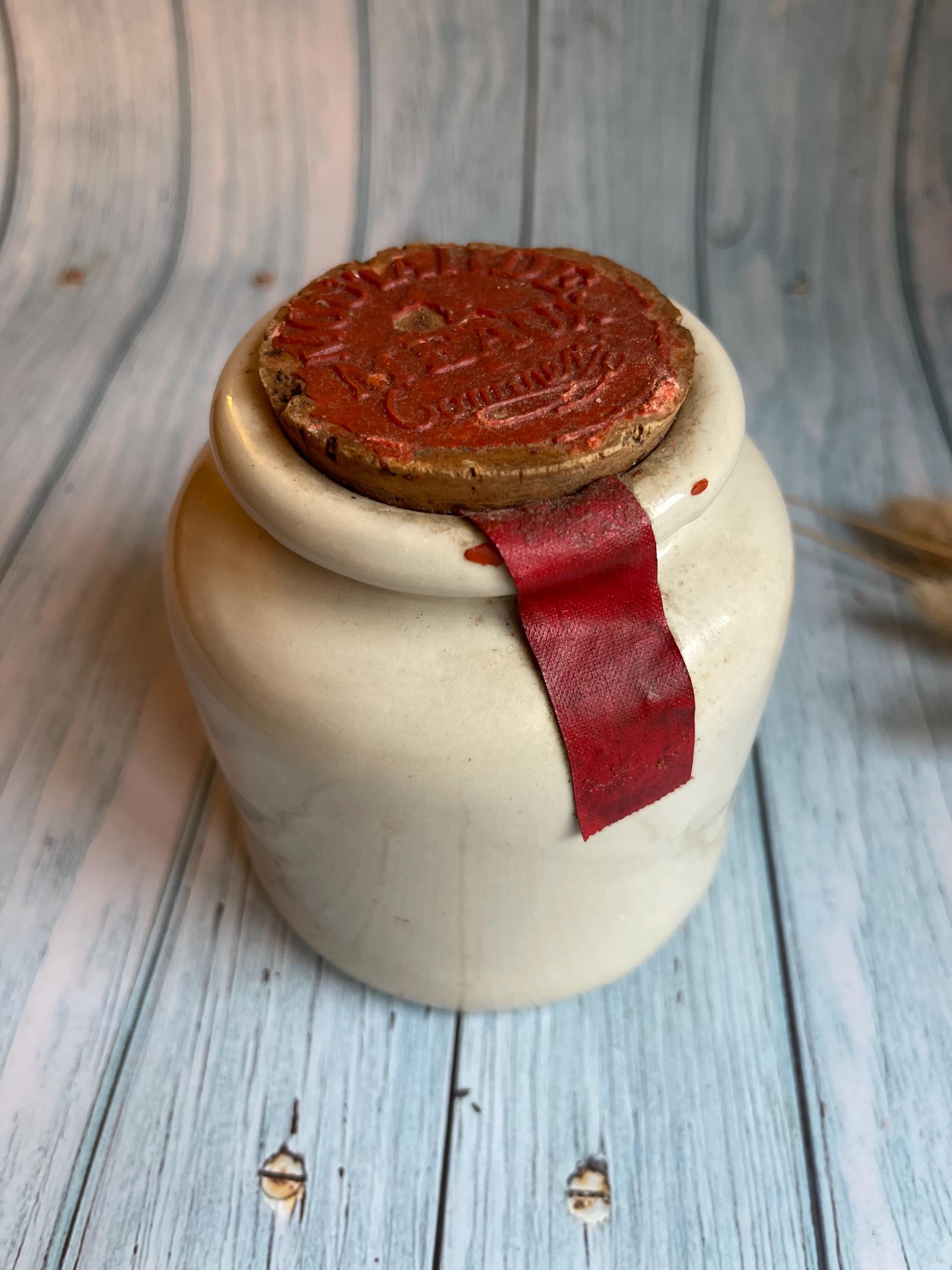 French Stoneware LAB-Lagny Mustard Pot with Wax Seal Lid and Original Label / Moutarde de Meaux
