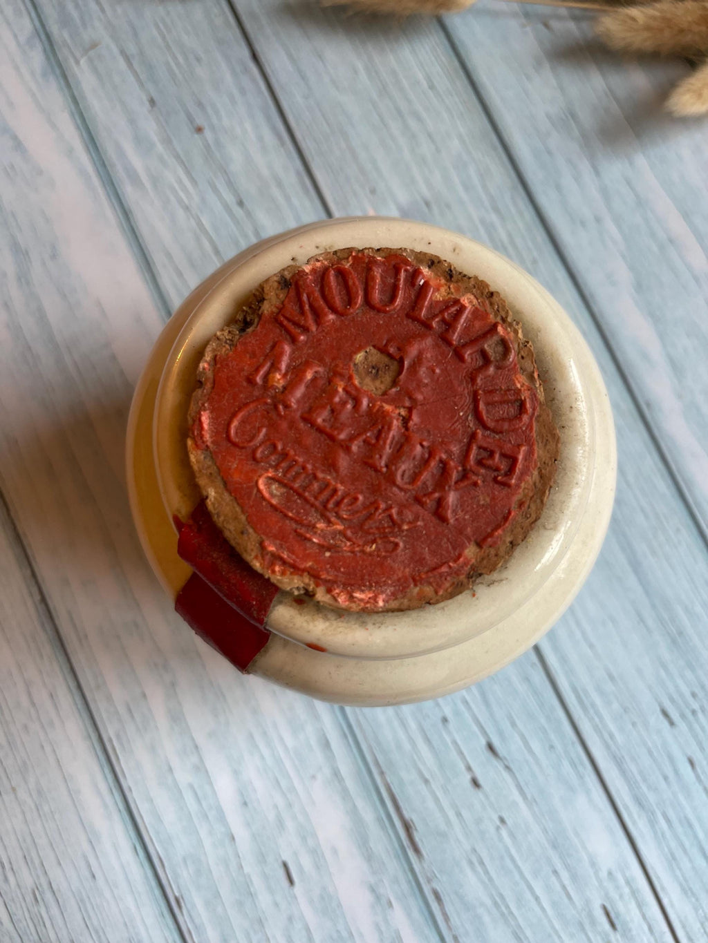 French Stoneware LAB-Lagny Mustard Pot with Wax Seal Lid and Original Label / Moutarde de Meaux