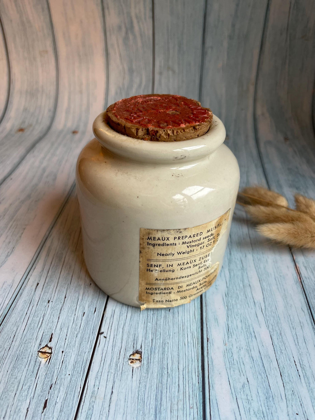 French Stoneware LAB-Lagny Mustard Pot with Wax Seal Lid and Original Label / Moutarde de Meaux