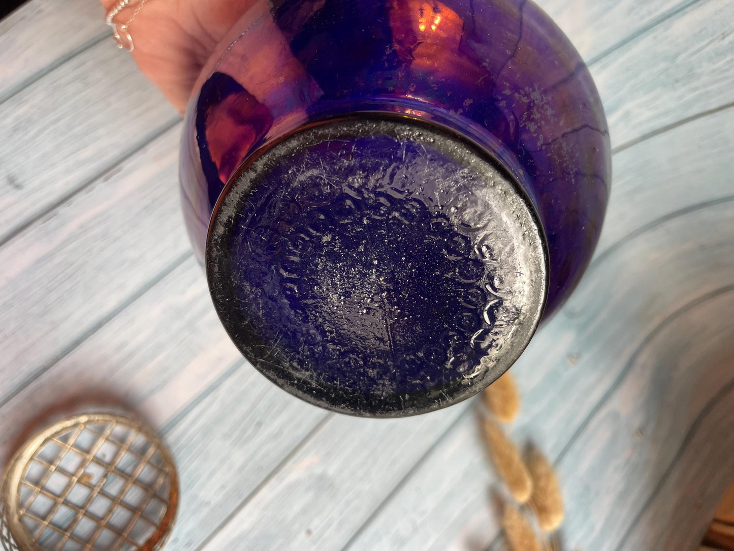 Vintage Blue Lustre Glass Posy Bowl with Ornate Silver Plated Grill Lid