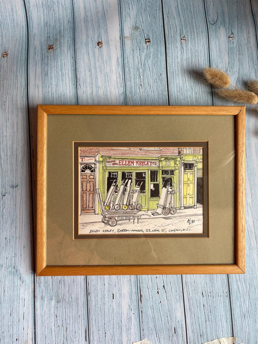 Vintage 1980s Ellen Keeley London Shop Drawing: Barrowmakers Framed Art
